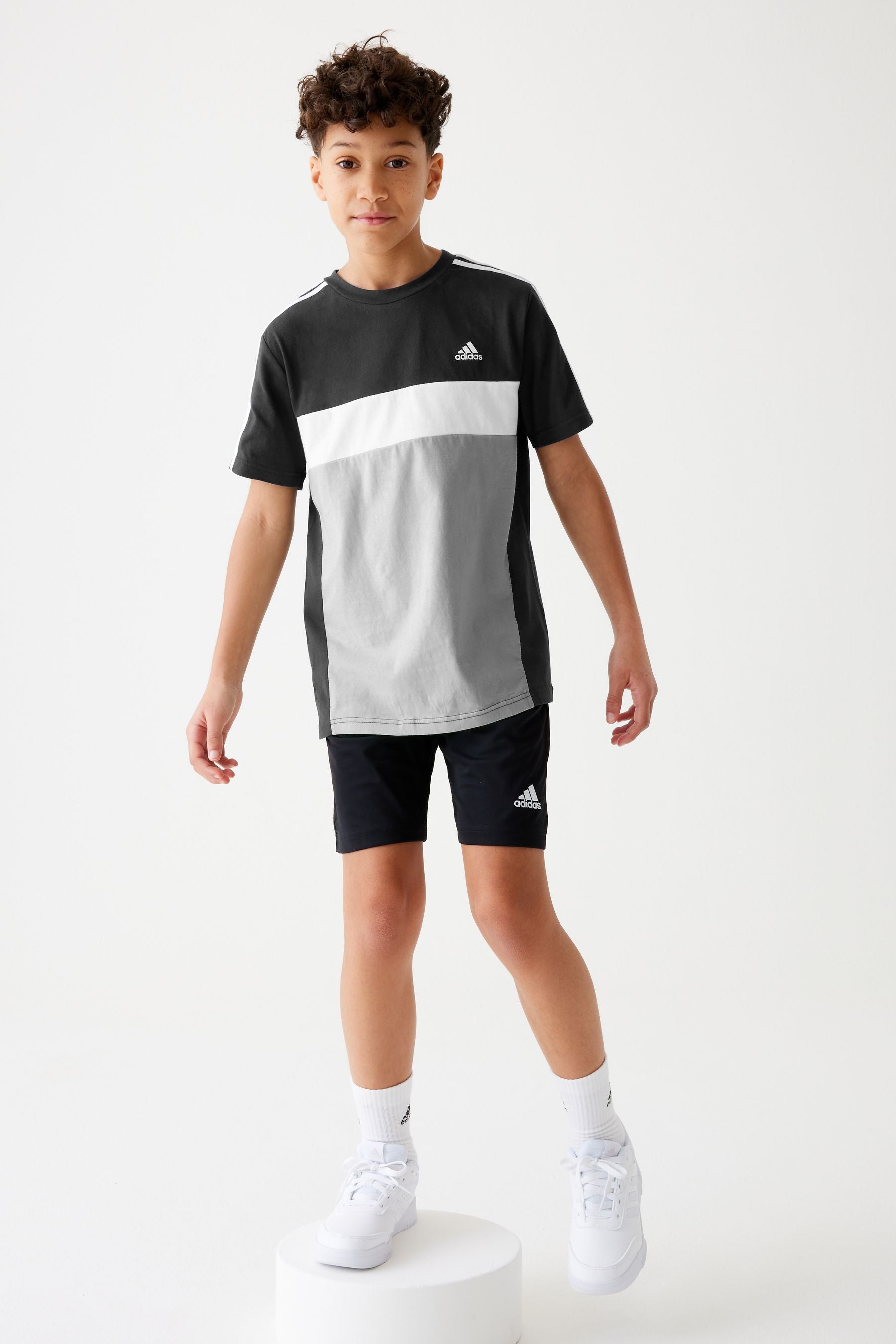 Black adidas Kids Sportswear Tiberio 3-Stripes Colourblock 100% Cotton T-Shirt