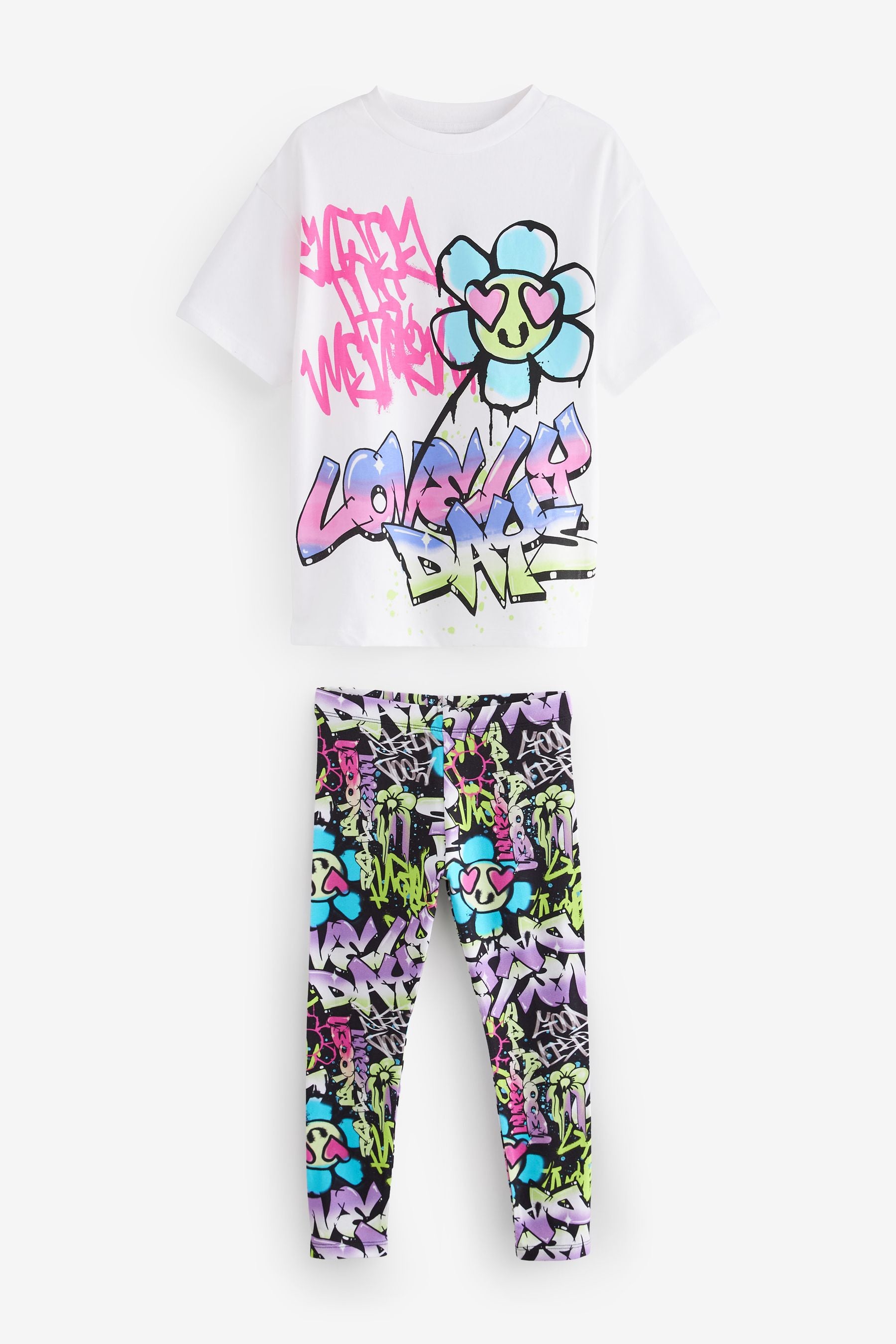 Black/White Graffiti T-Shirt And Leggings Set (3-16yrs)