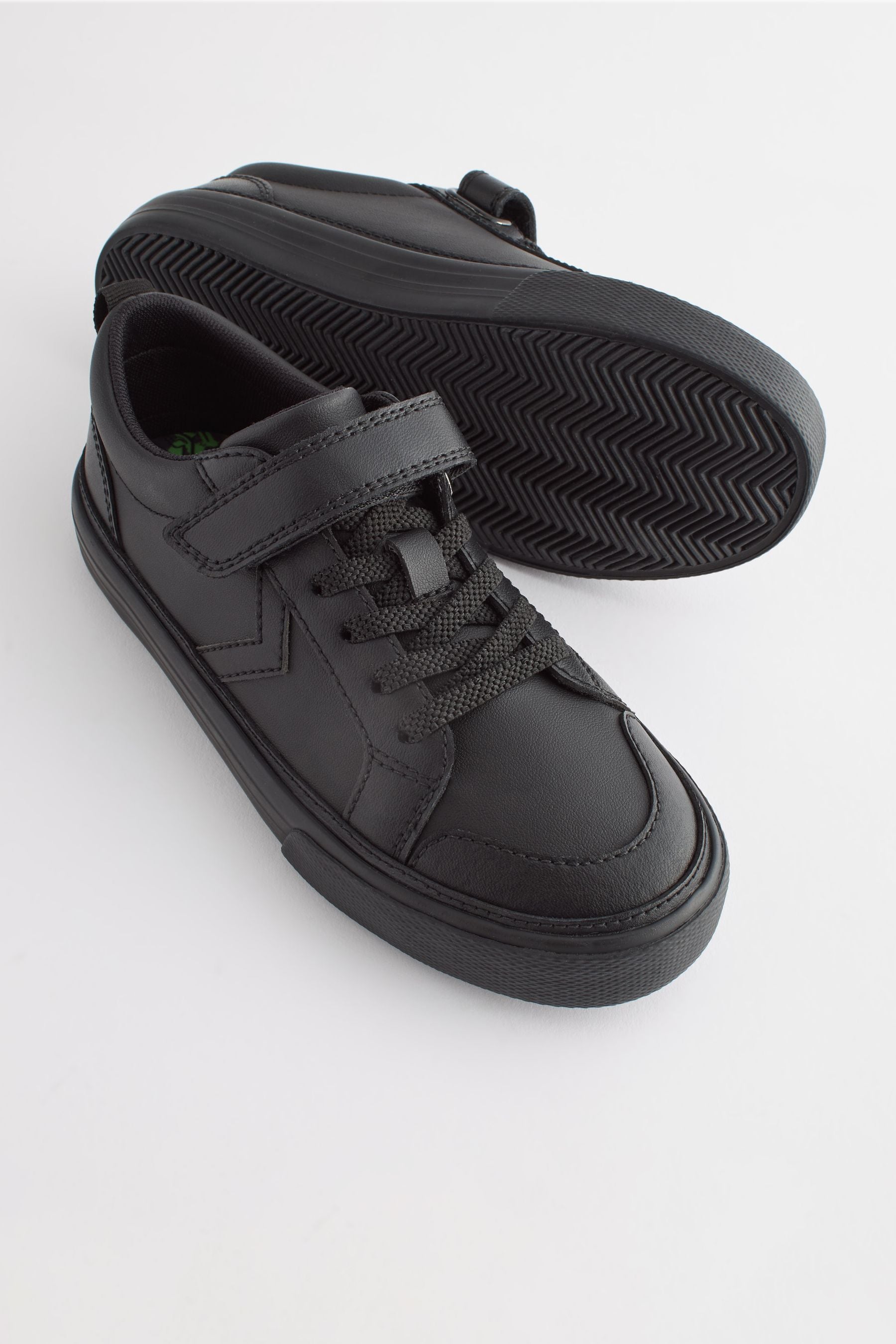 Black School Leather Strap Touch Fastening Shoes