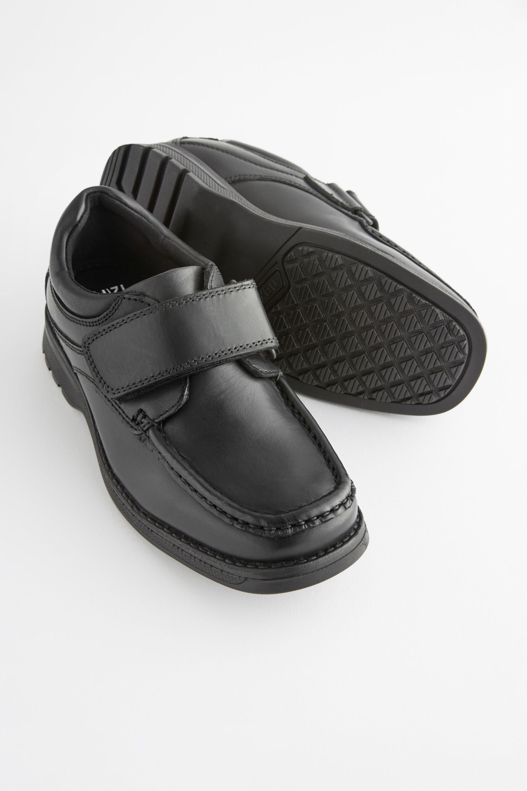 Black Standard Fit (F) Leather Touch Fastening School Shoes