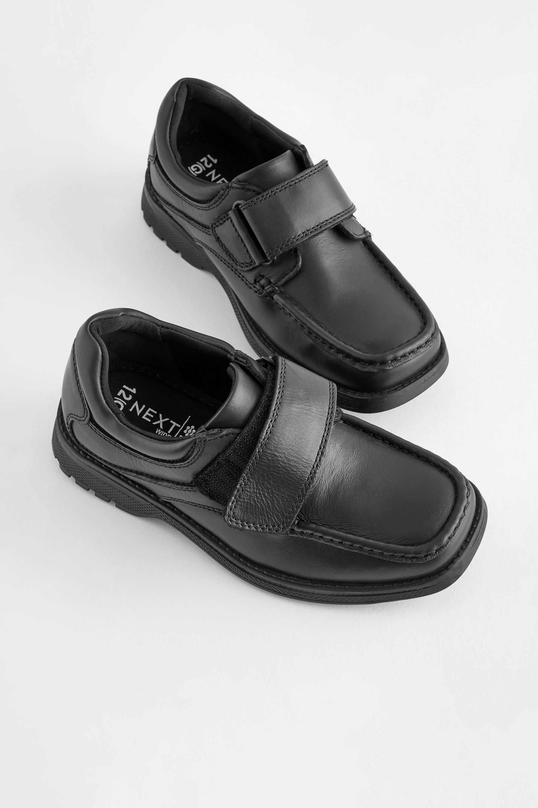 Black Wide Fit (G) Leather Touch Fastening School Shoes