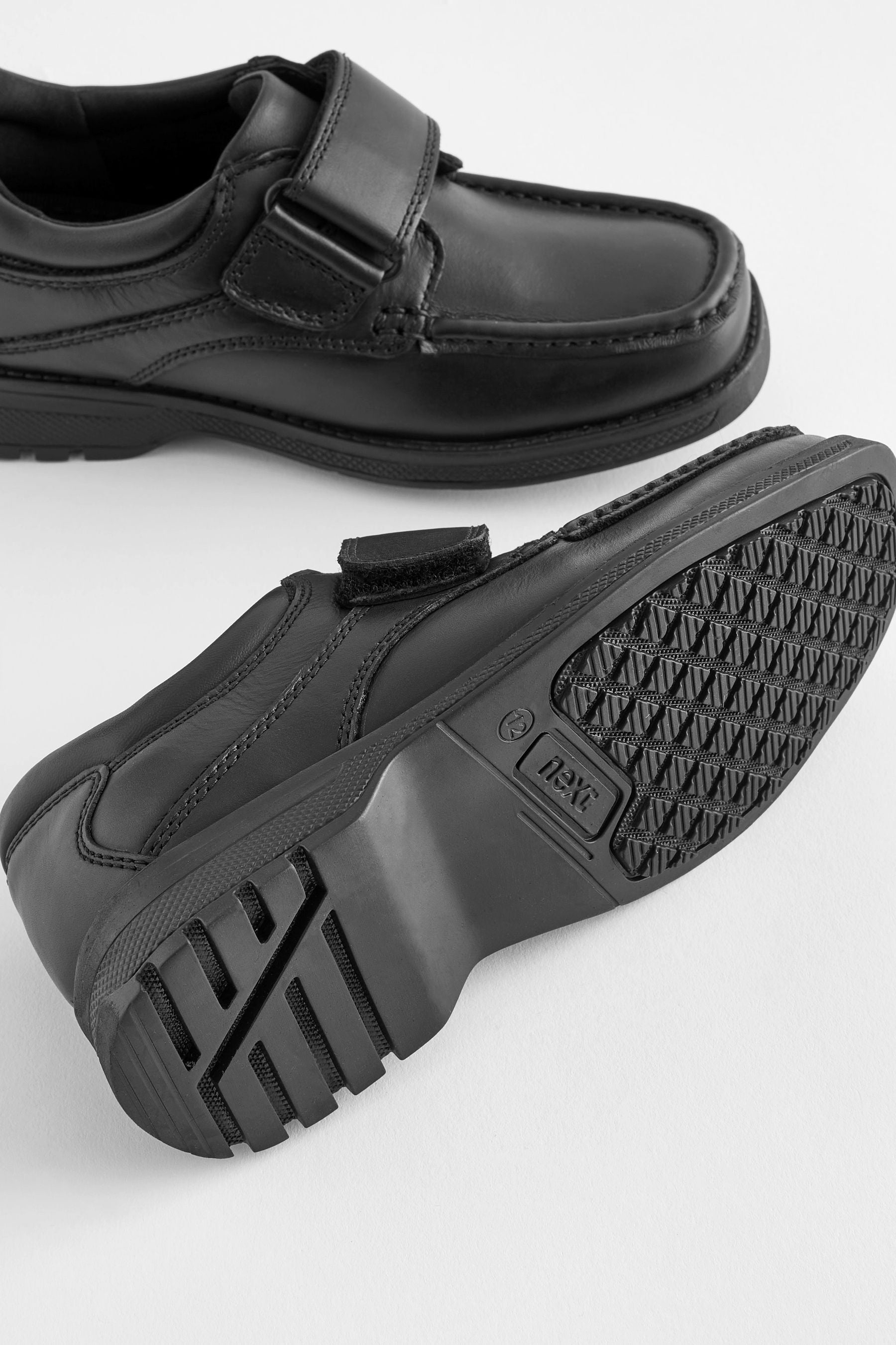 Black Wide Fit (G) Leather Touch Fastening School Shoes