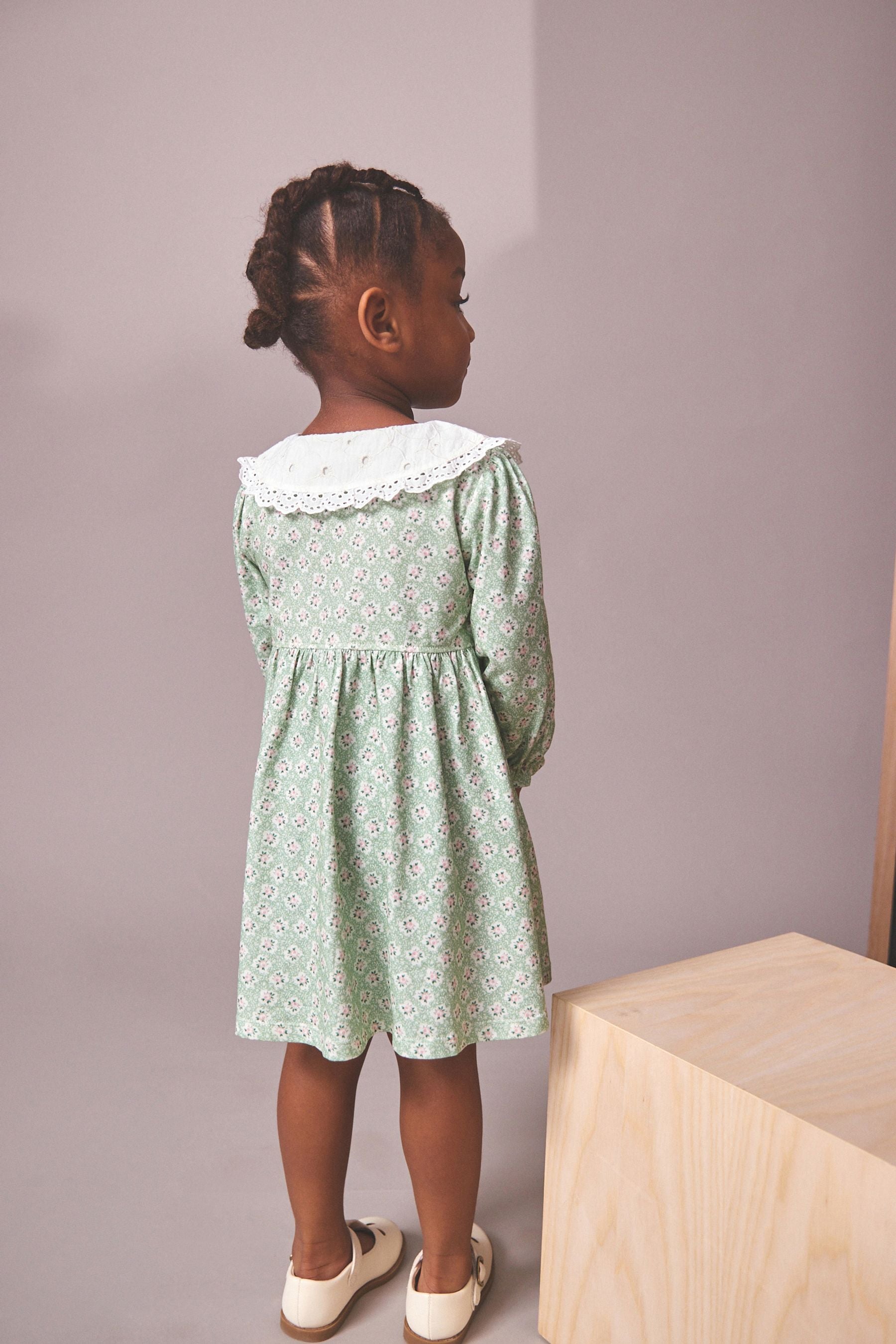 Green Ditsy Embroidered Collar Tea Dress (3mths-7yrs)