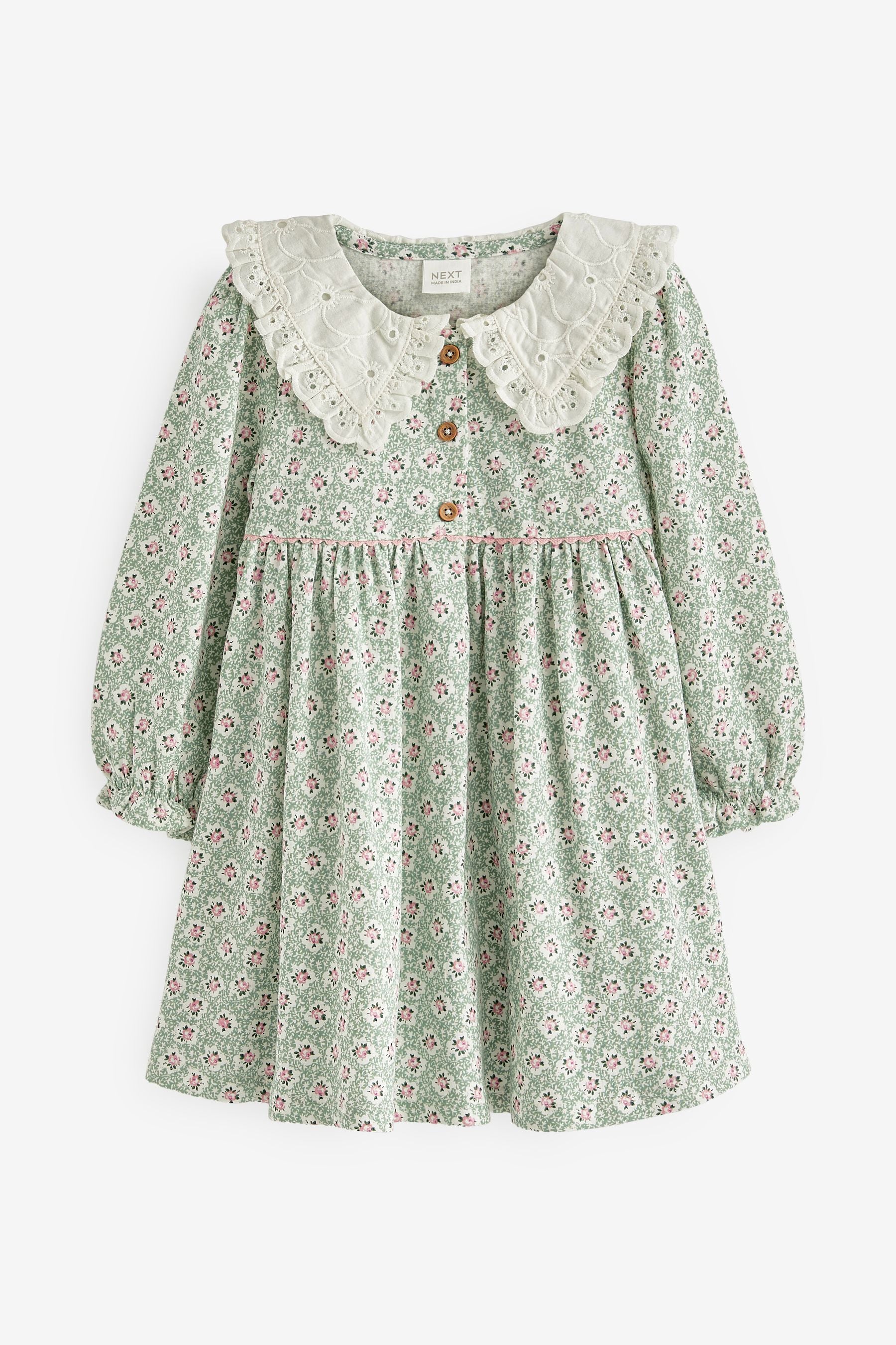 Green Ditsy Embroidered Collar Tea Dress (3mths-7yrs)