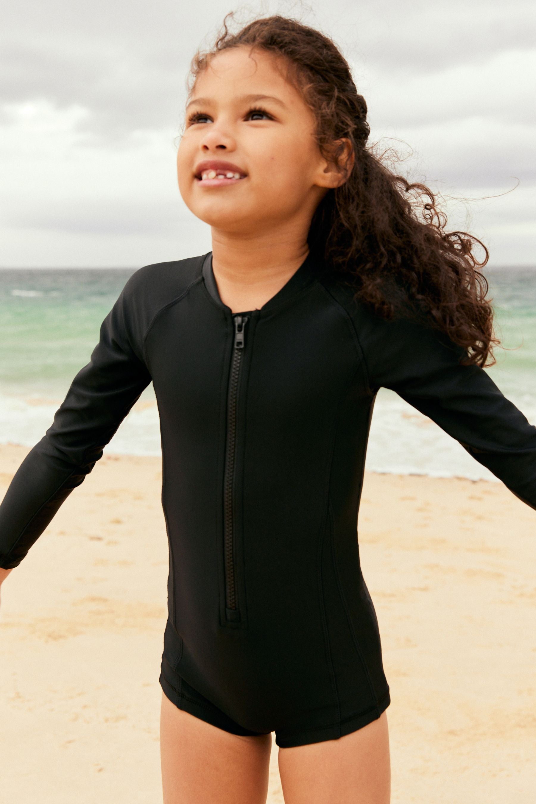 Black Long Sleeved Shortie Swimsuit (3-16yrs)