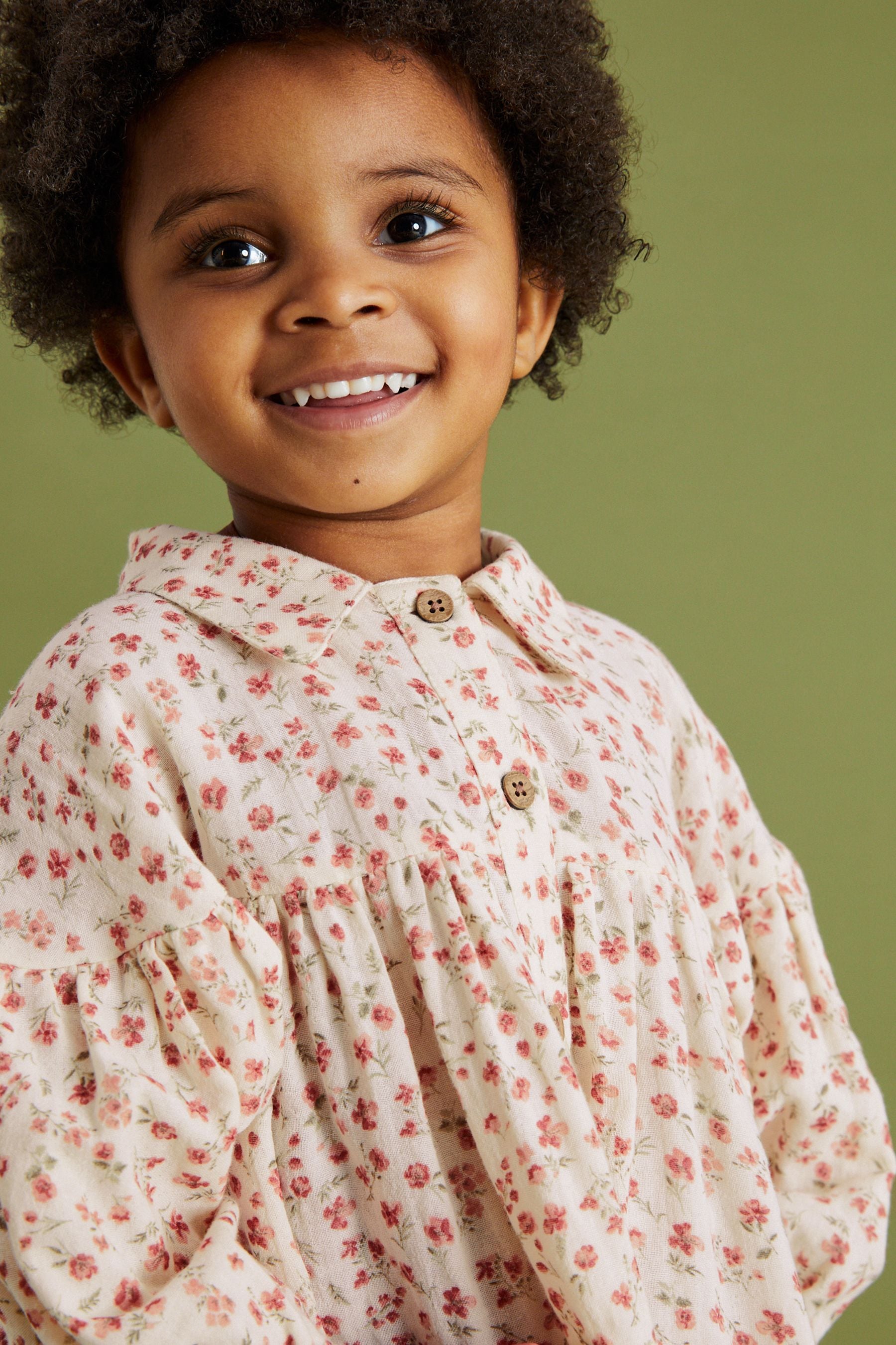 Ivory/Pink Ditsy Cotton Shirt Dress (3mths-8yrs)