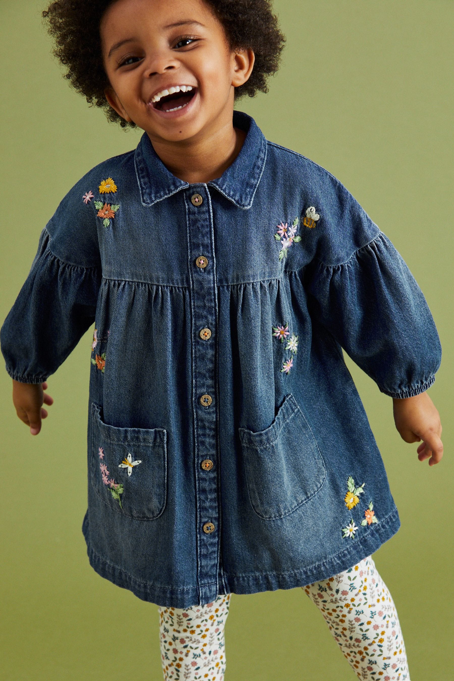 Blue Denim Floral Embroidered Dress And Leggings Set (3mths-7yrs)