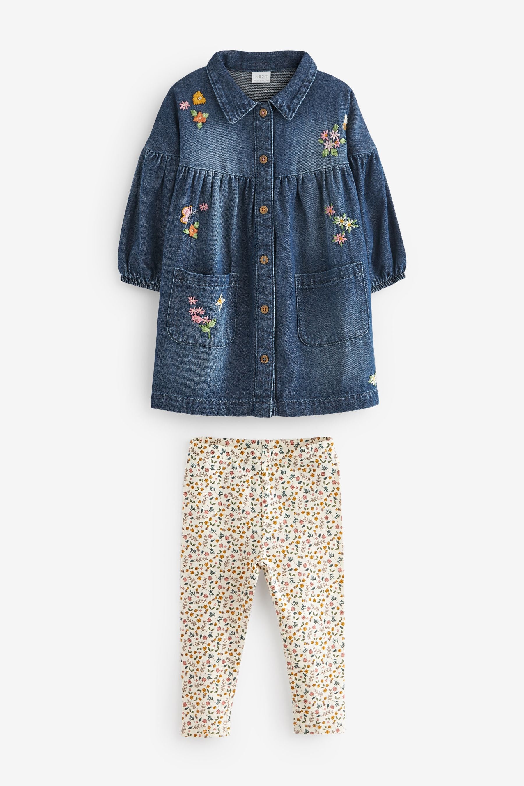 Blue Denim Floral Embroidered Dress And Leggings Set (3mths-7yrs)