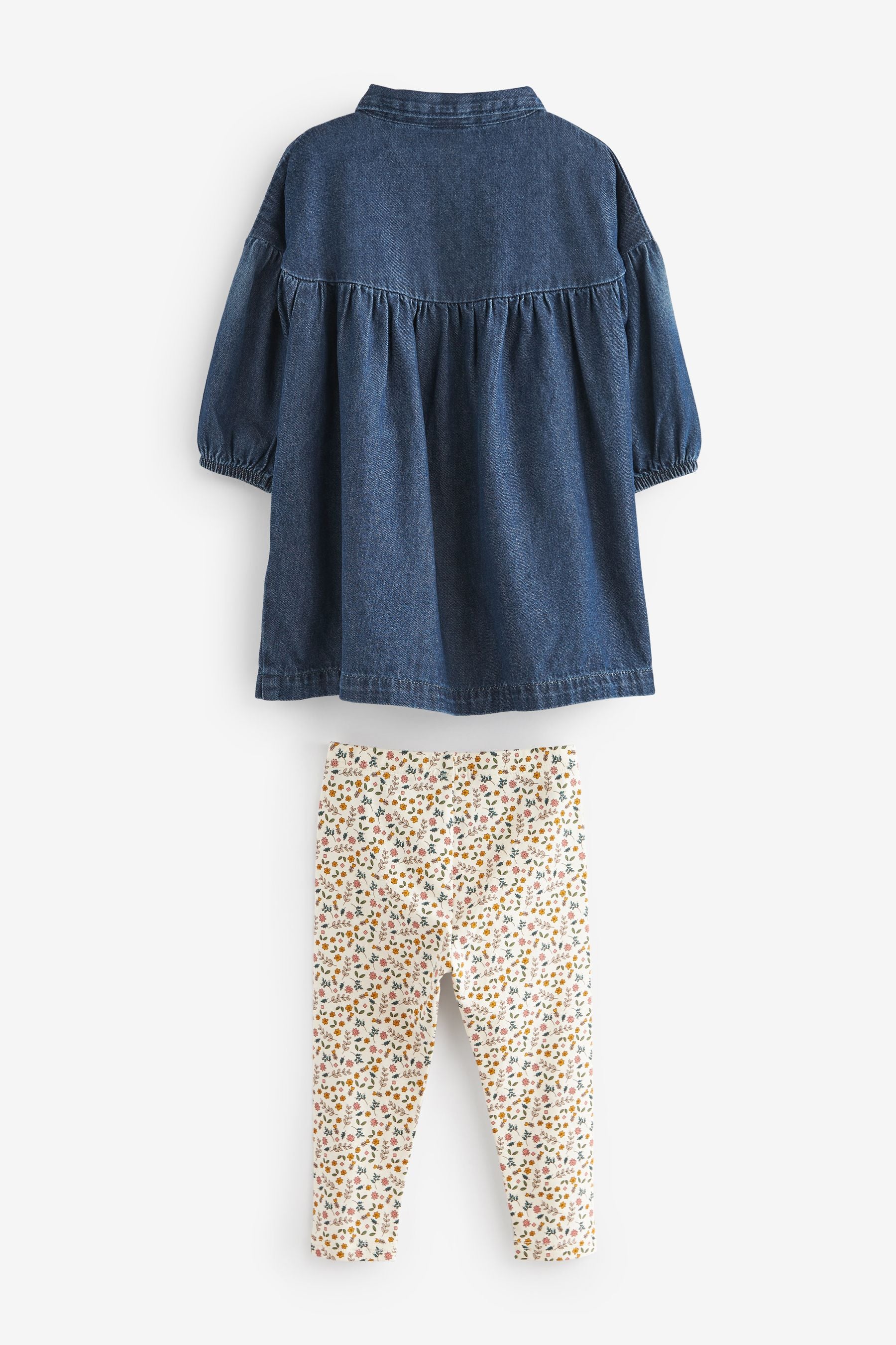 Blue Denim Floral Embroidered Dress And Leggings Set (3mths-7yrs)