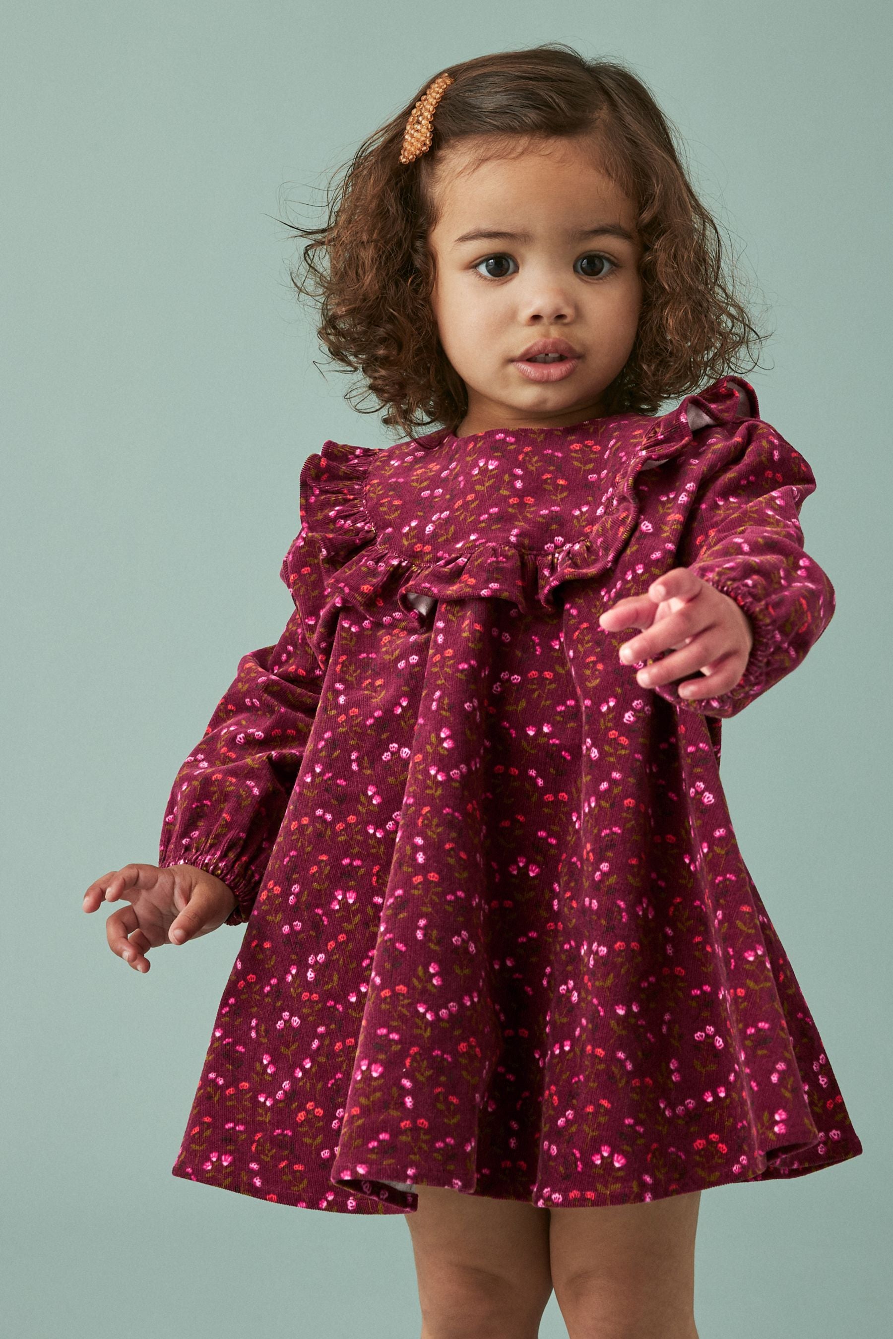 Berry Pink Floral Printed Corduroy Dress (3mths-8yrs)