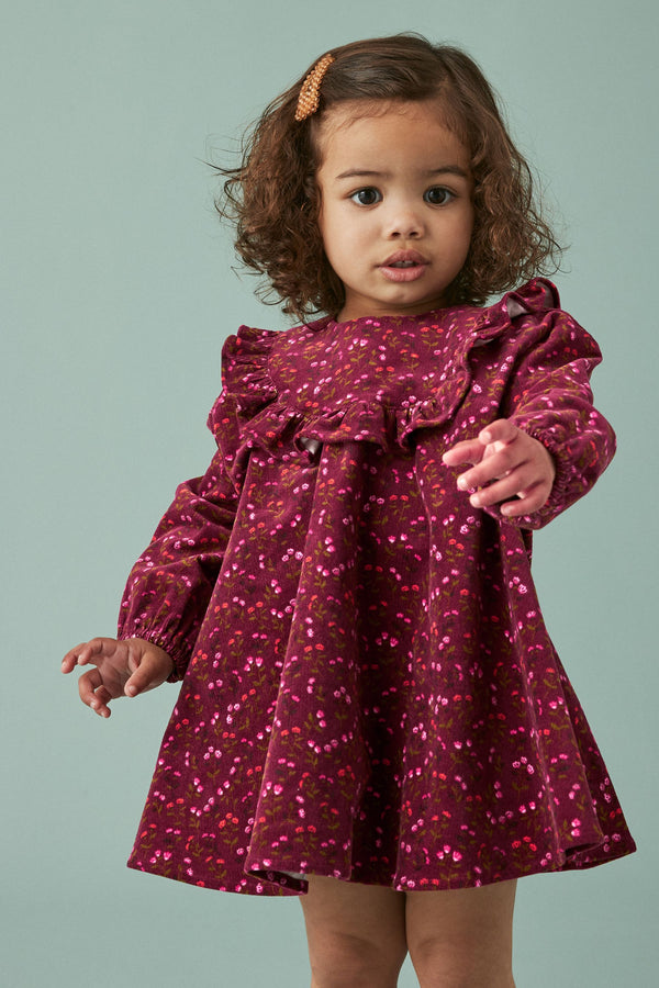 Berry Pink Floral Printed Corduroy Dress (3mths-8yrs)