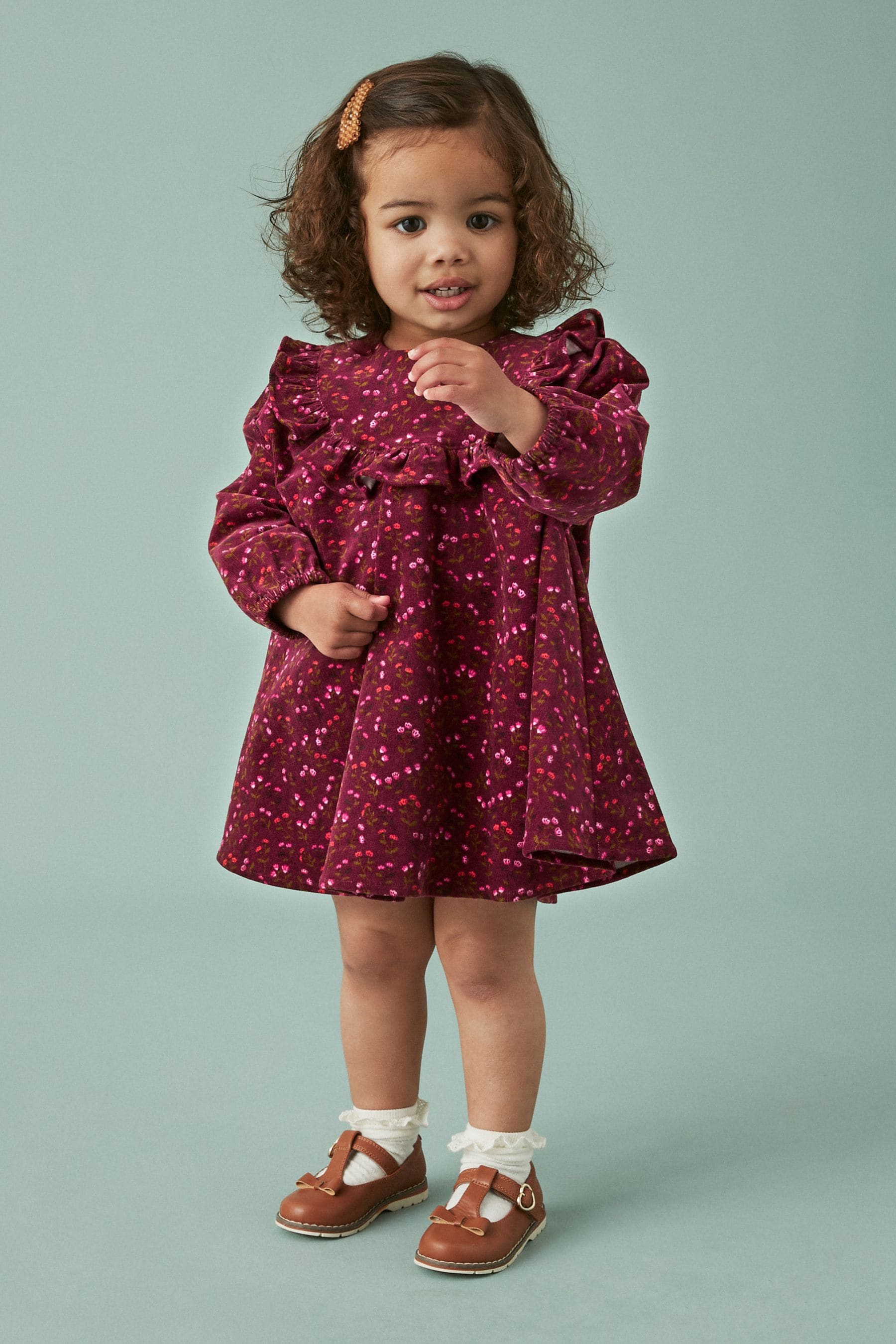 Berry Pink Floral Printed Corduroy Dress (3mths-8yrs)