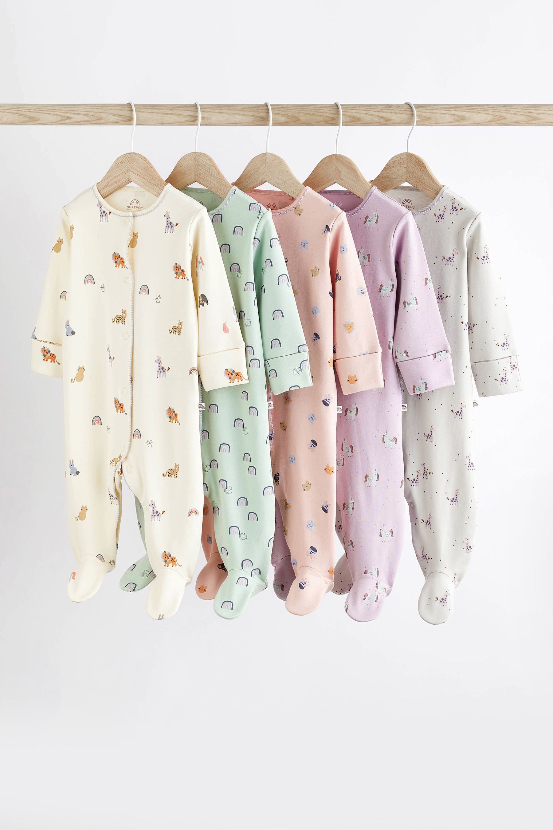 Multi Character Baby Footed 100% Cotton Sleepsuits 5 Pack (0-2yrs)