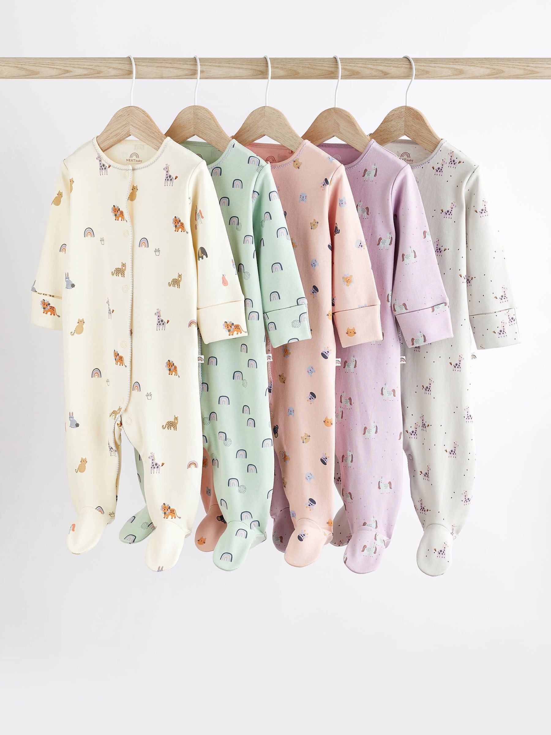 Multi Character Baby Footed 100% Cotton Sleepsuits 5 Pack (0-2yrs)