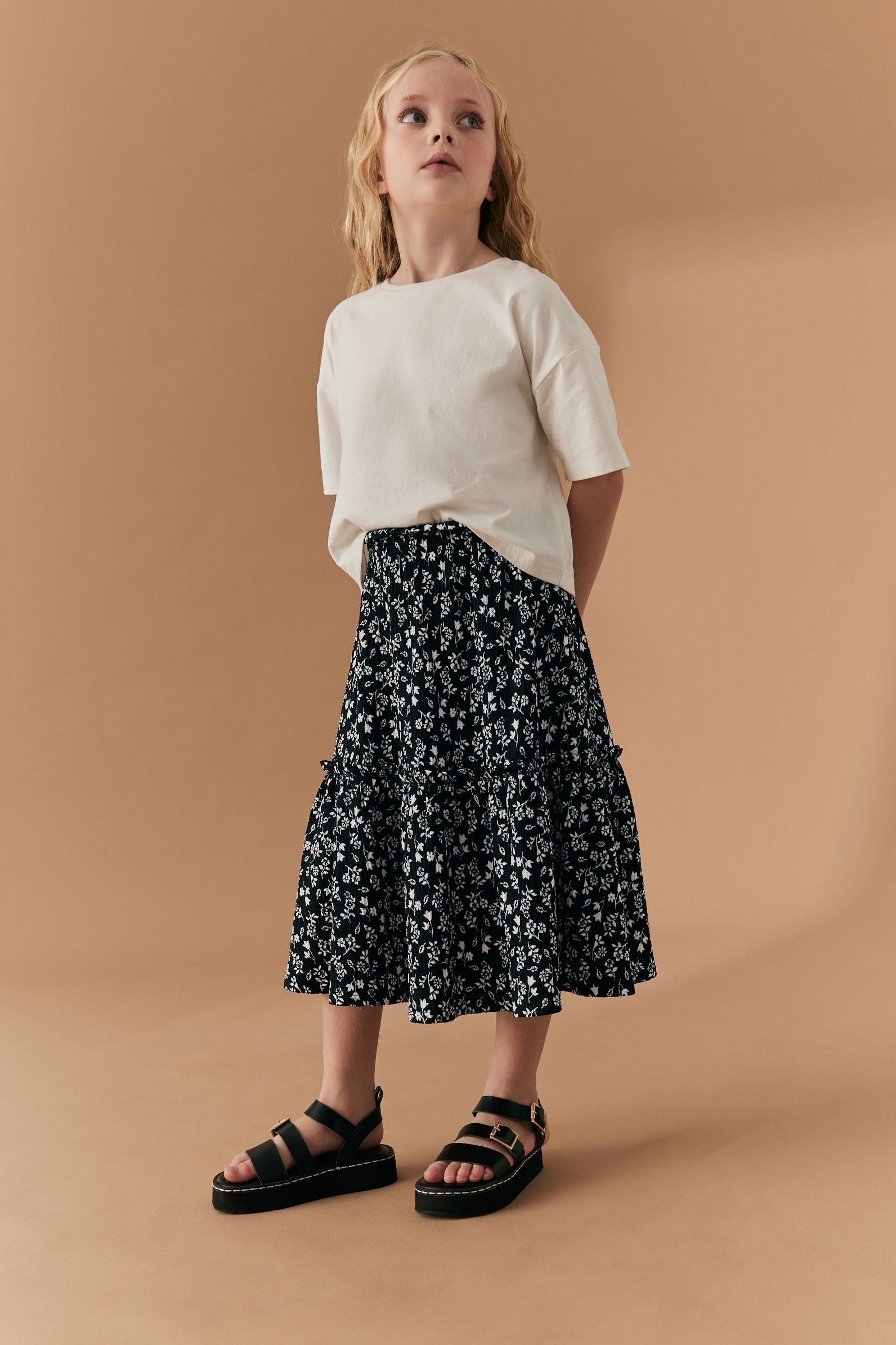 Black/White Texture Printed Midi Skirt (3-16yrs)