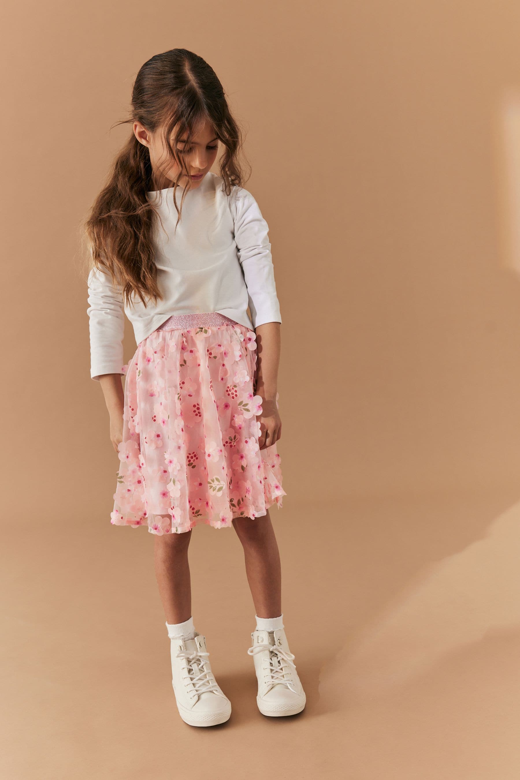 Blush Pink 3D Floral Pull-On Skirt (3-16yrs)