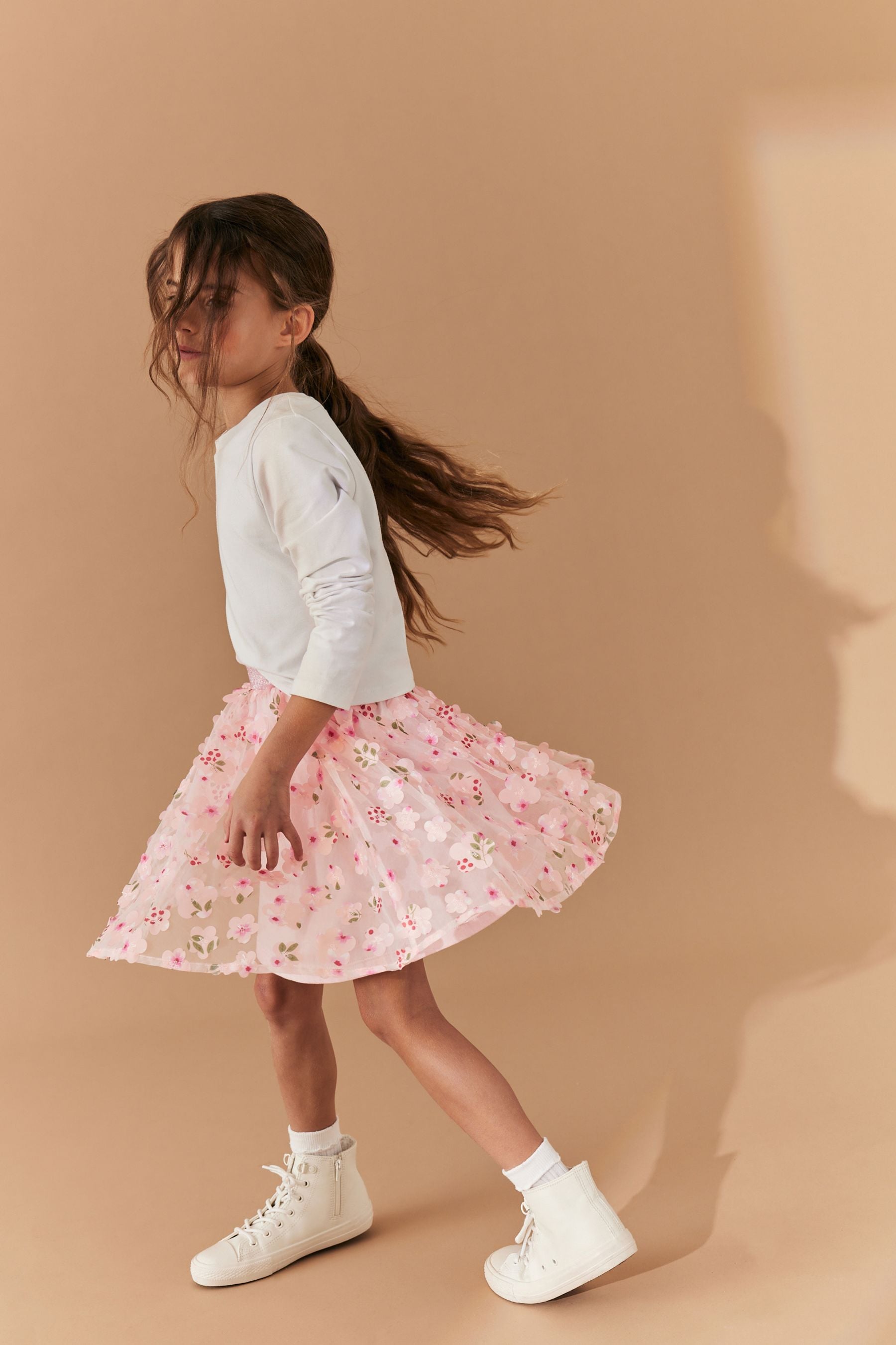 Blush Pink 3D Floral Pull-On Skirt (3-16yrs)