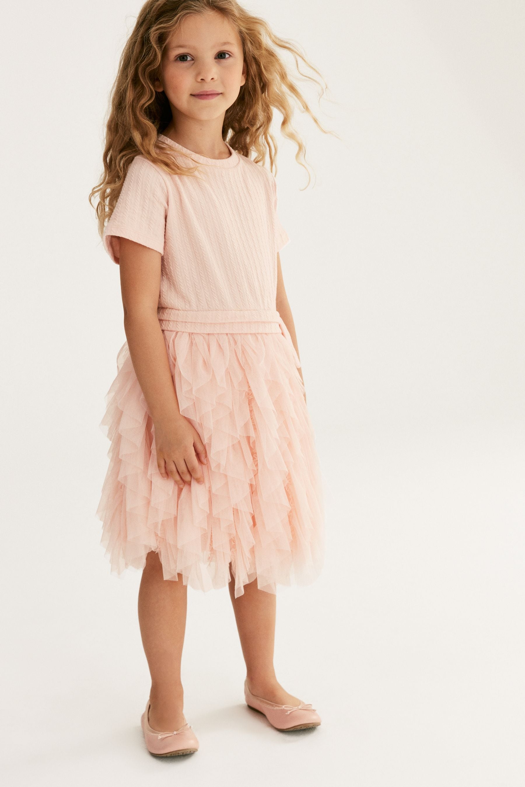 Pink Textured Mesh Frill Dress (3-12yrs)