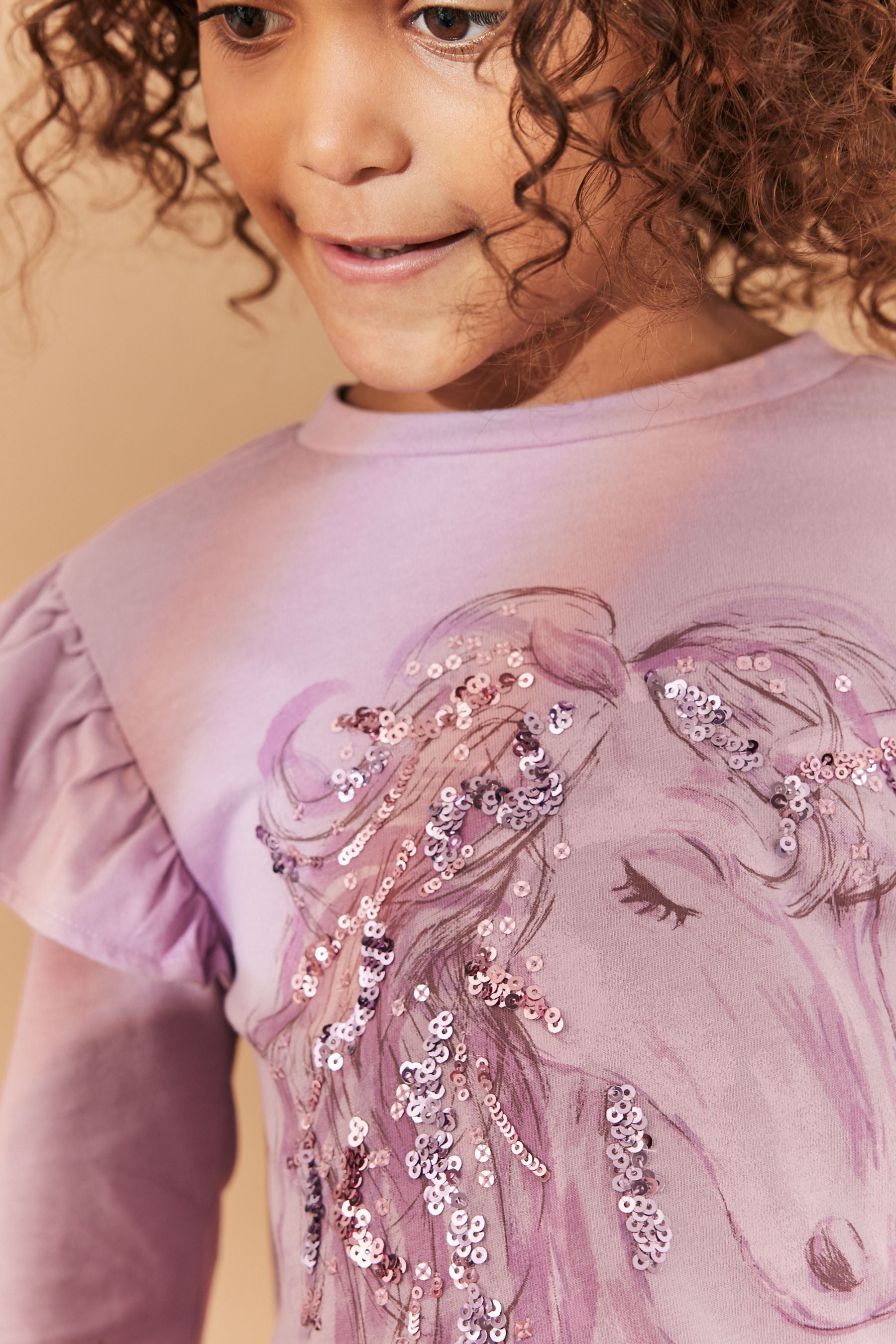 Lilac Purple/Ecru White Sequin Unicorn Long Sleeve Frill T-Shirts 3 Pack (3-16yrs)