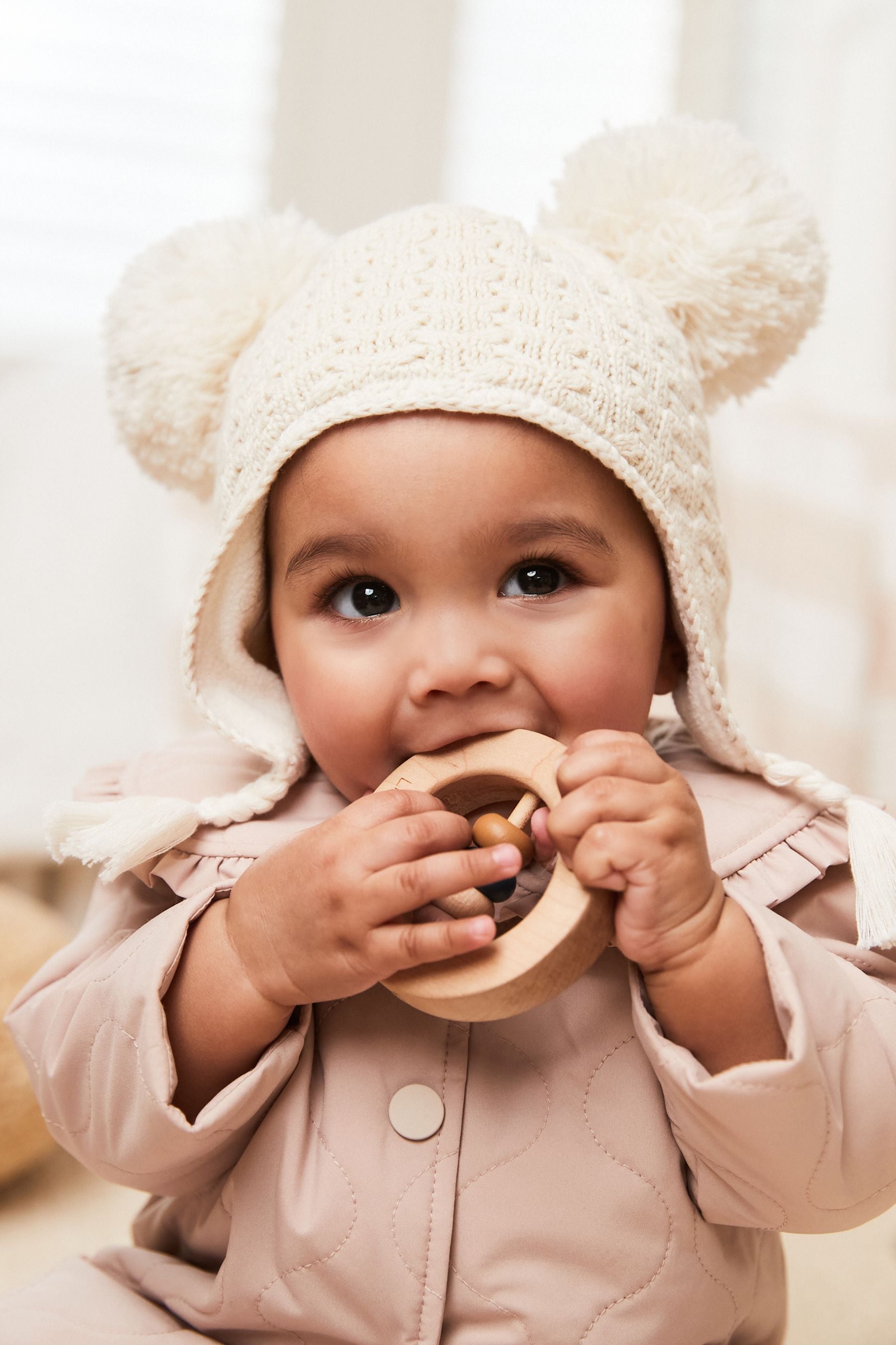 Cream Double Pom Baby Trapper Hat (0mths-2yrs)