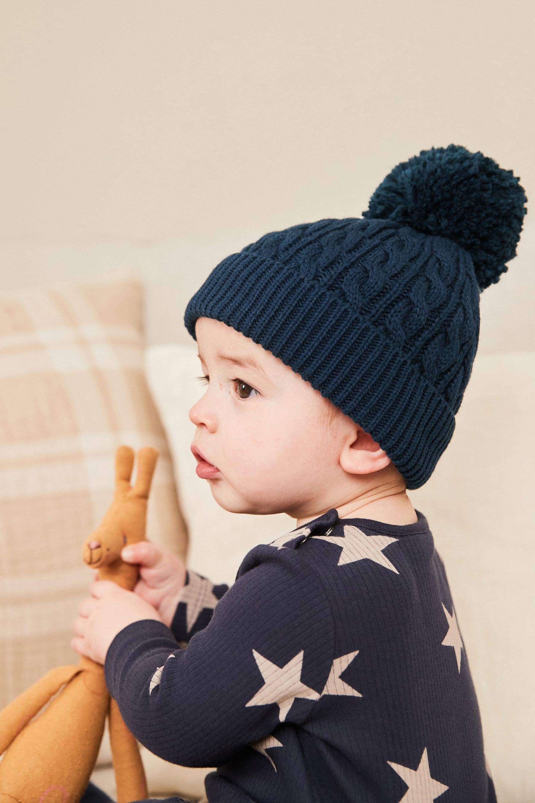 Navy Blue Cable Baby Knitted Pom Hat (0mths-2yrs)