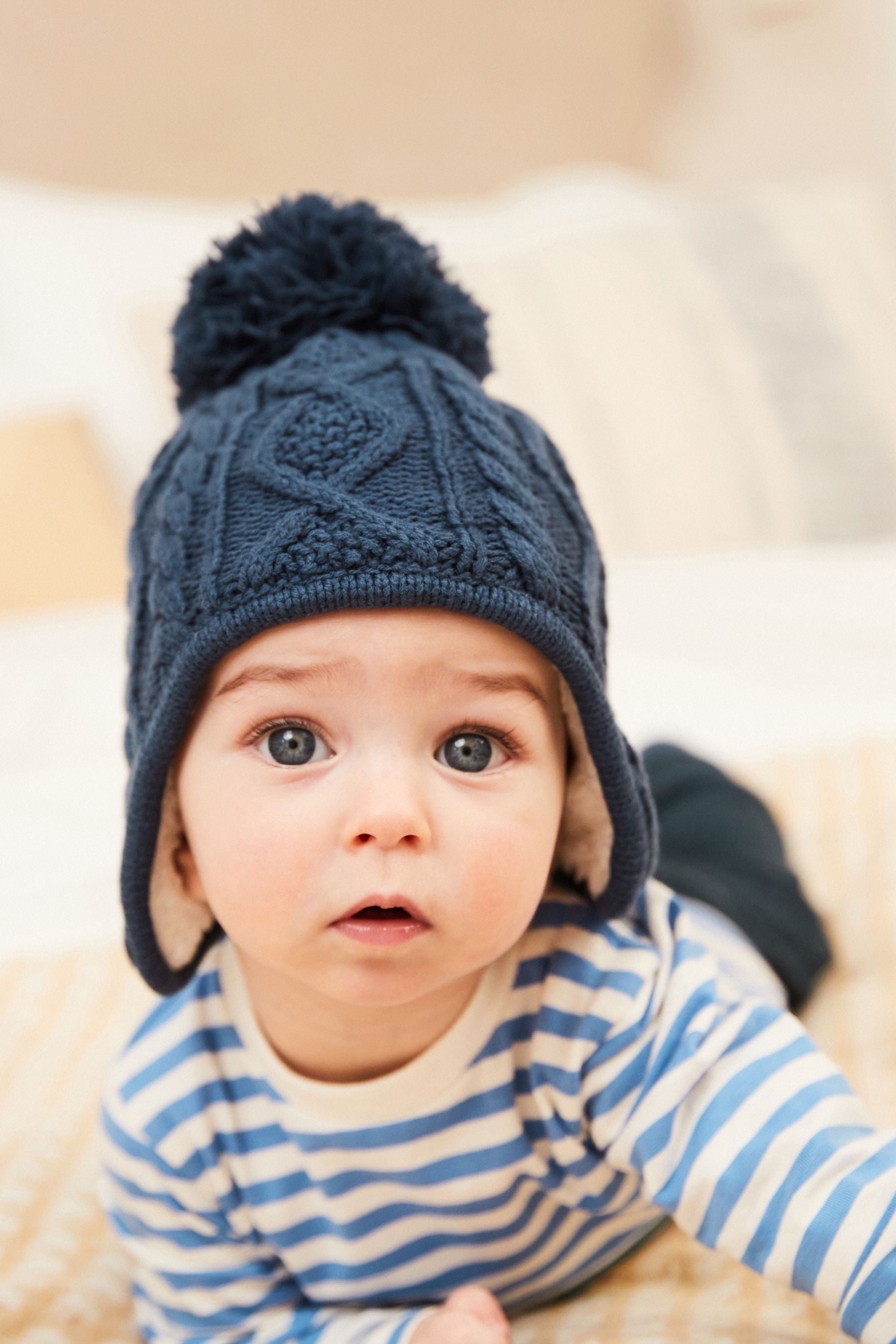 Navy Blue Knitted Baby Trapper Pom Hat (0mths-2yrs)