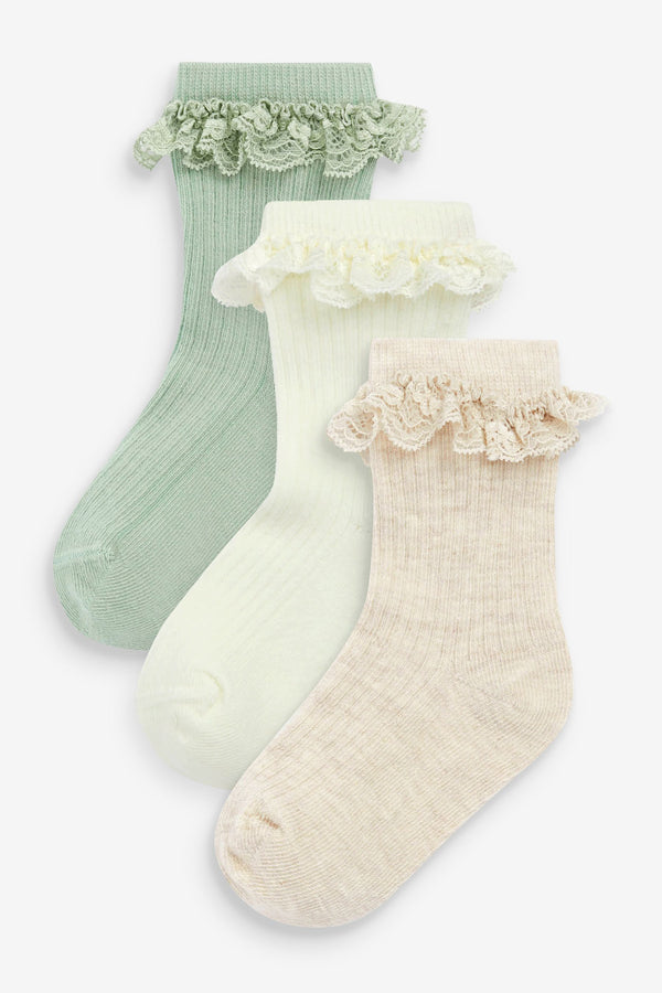 Sage Green Lace Trim Baby Socks 3 Pack (0mths-2yrs)