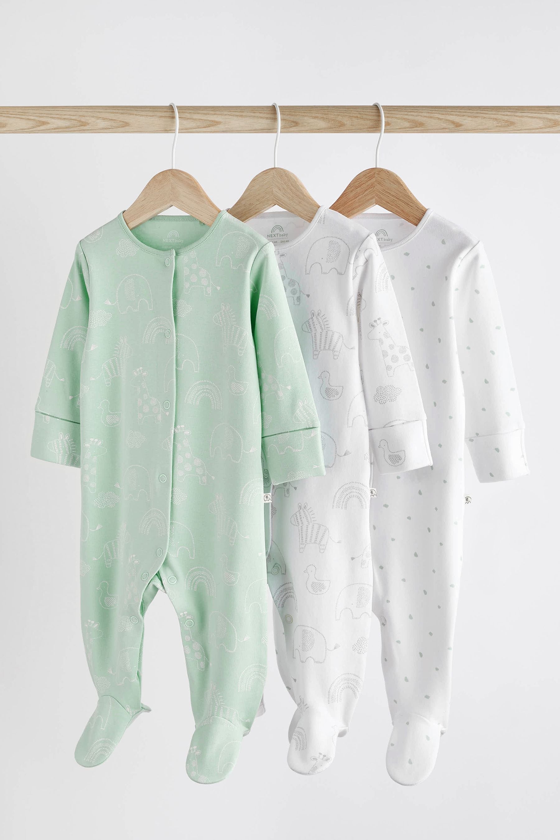 Mint Green Essential Cotton Baby Sleepsuits 3 Pack (0-2yrs)