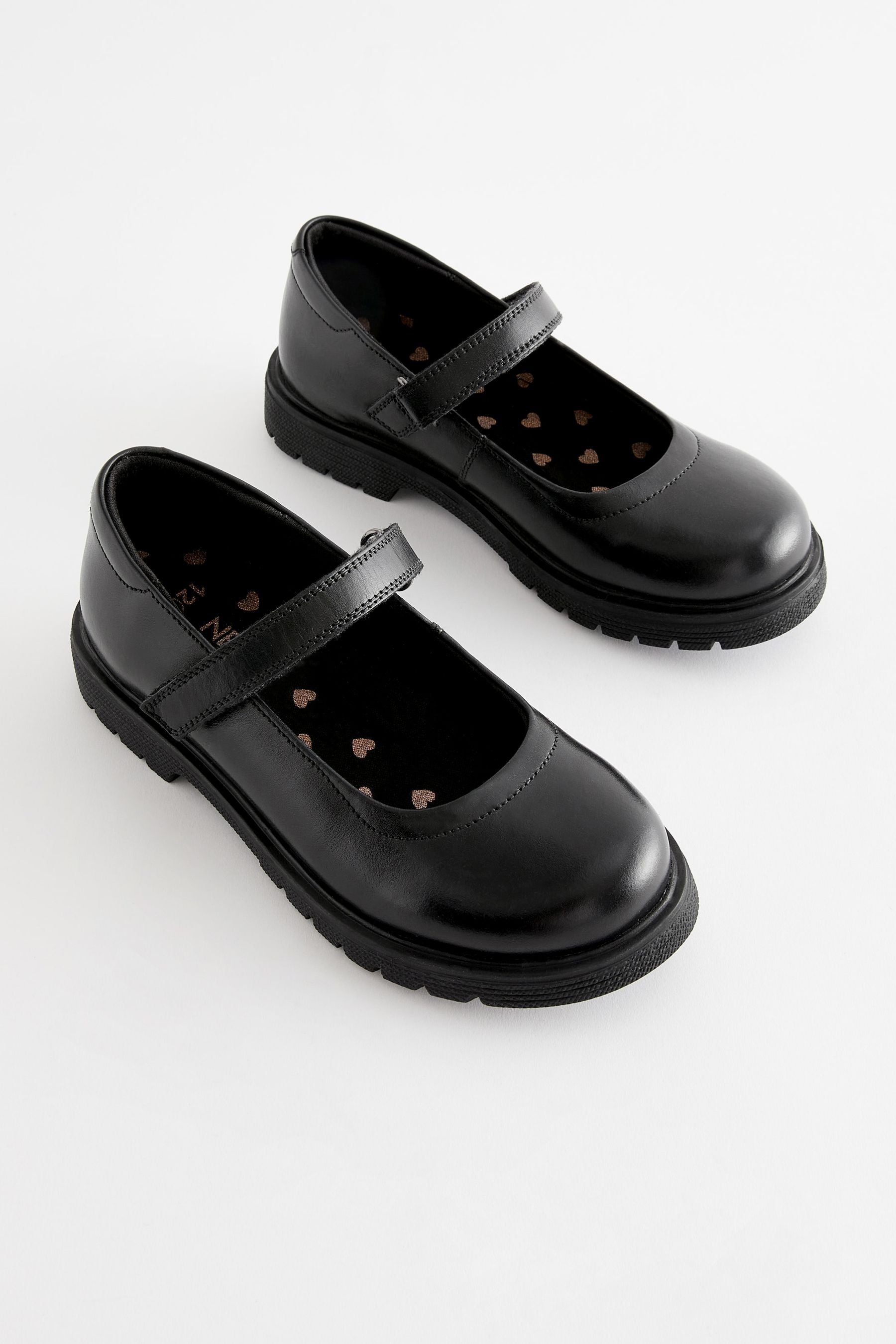 Matt Black Wide Fit (G) School Leather Chunky Mary Jane Shoes