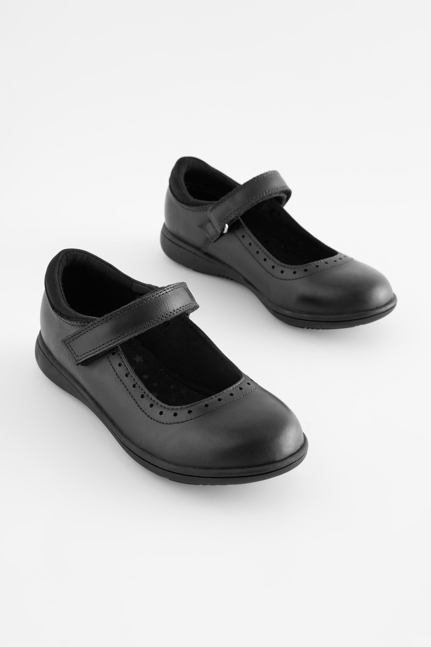 Matt Black Standard Fit (F) School Leather Brogue Detail Mary Jane Shoes