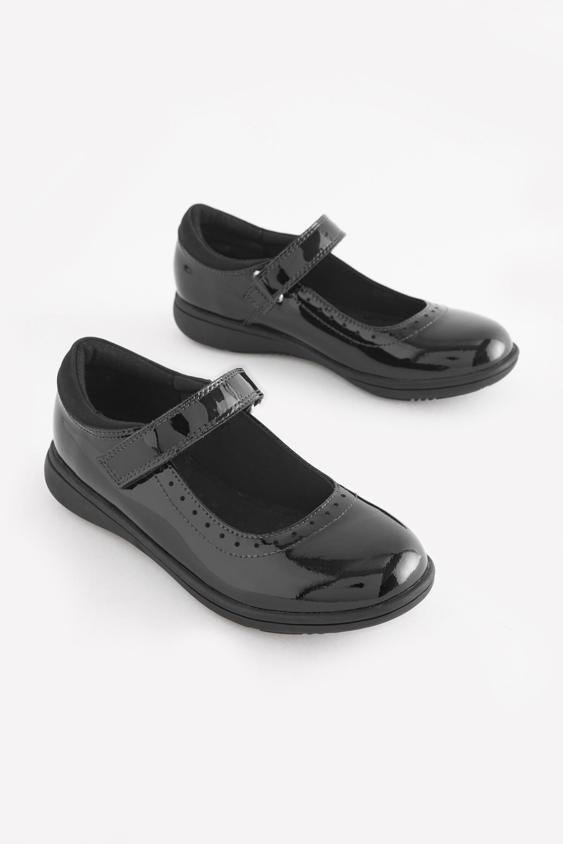 Black Patent Narrow Fit (E) School Leather Brogue Detail Mary Jane Shoes