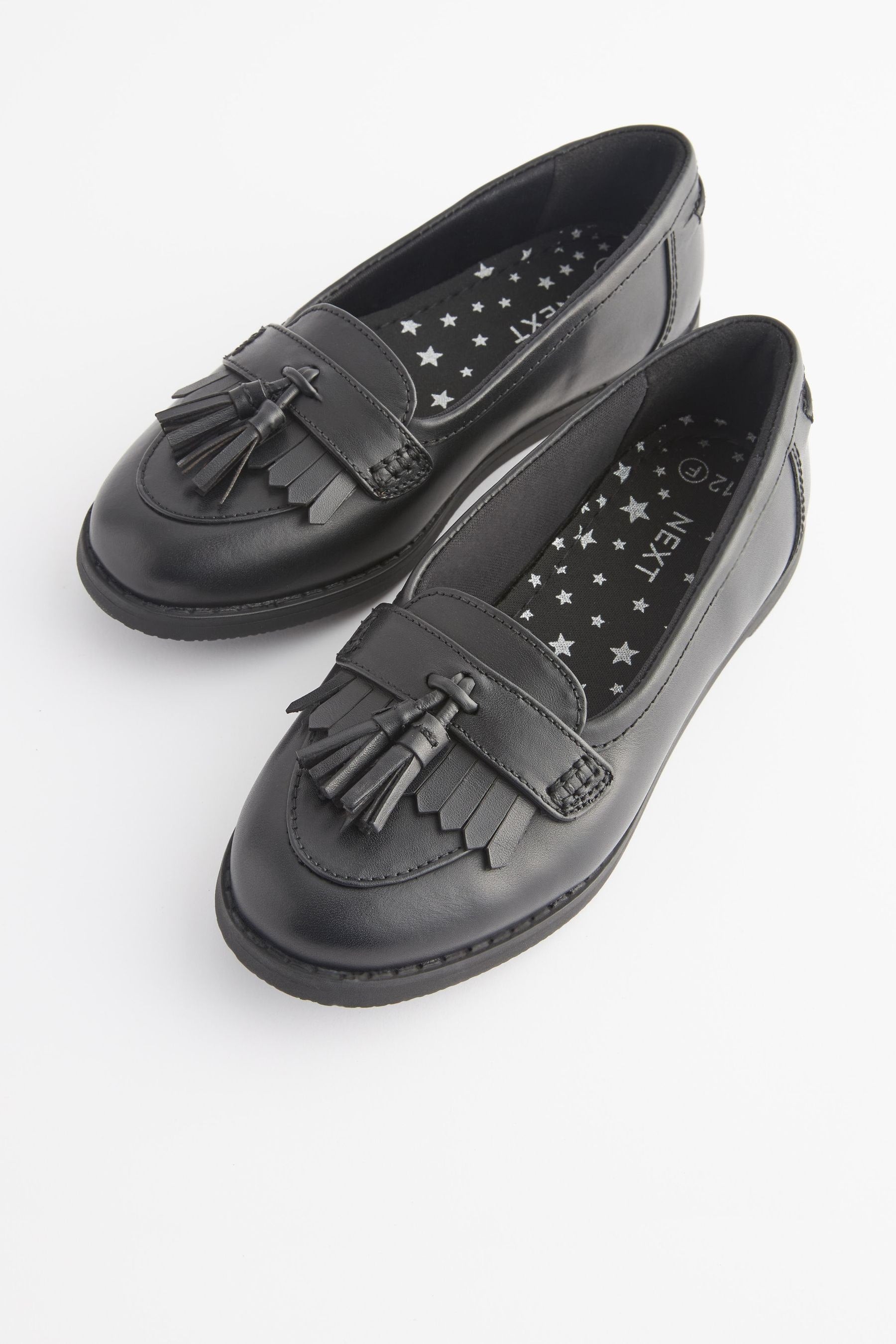 Matt Black Standard Fit (F) School Leather Tassel Loafers