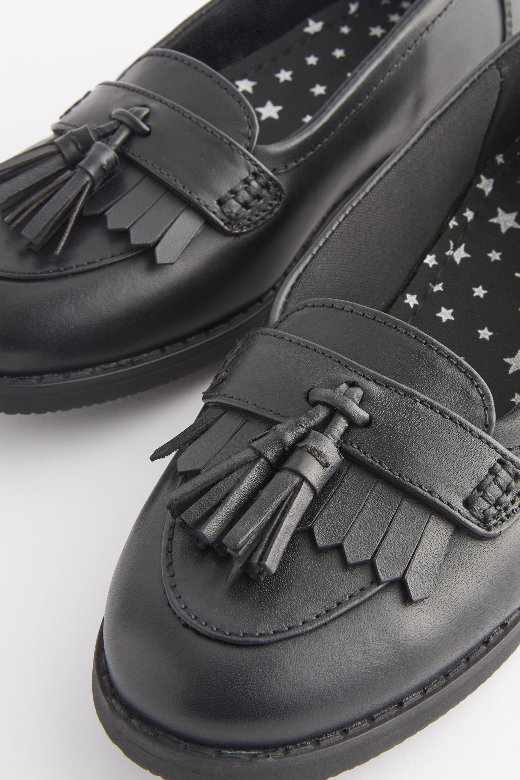 Matt Black Standard Fit (F) School Leather Tassel Loafers