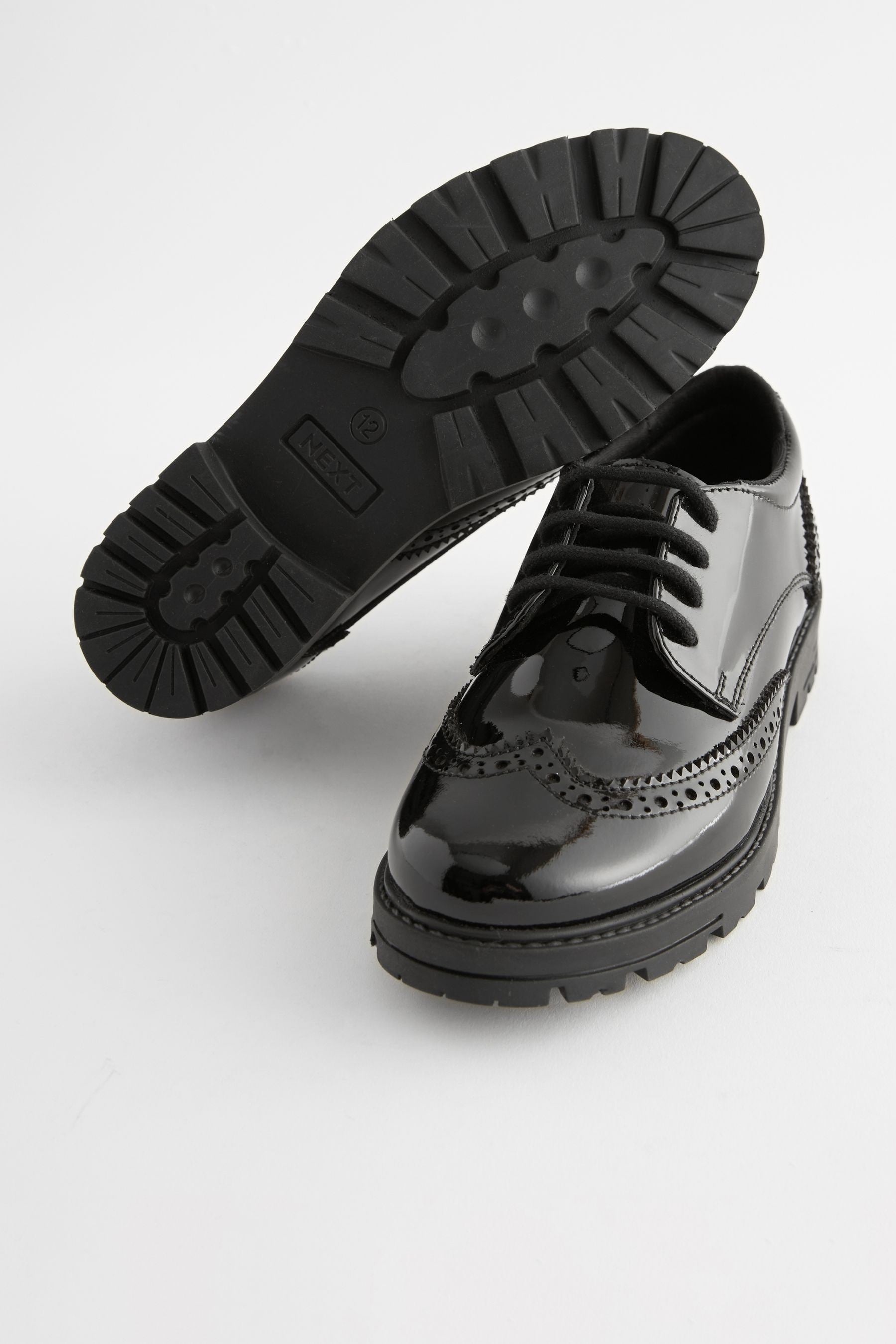 Black Patent Standard Fit (F) School Leather Chunky Lace-Up Brogues