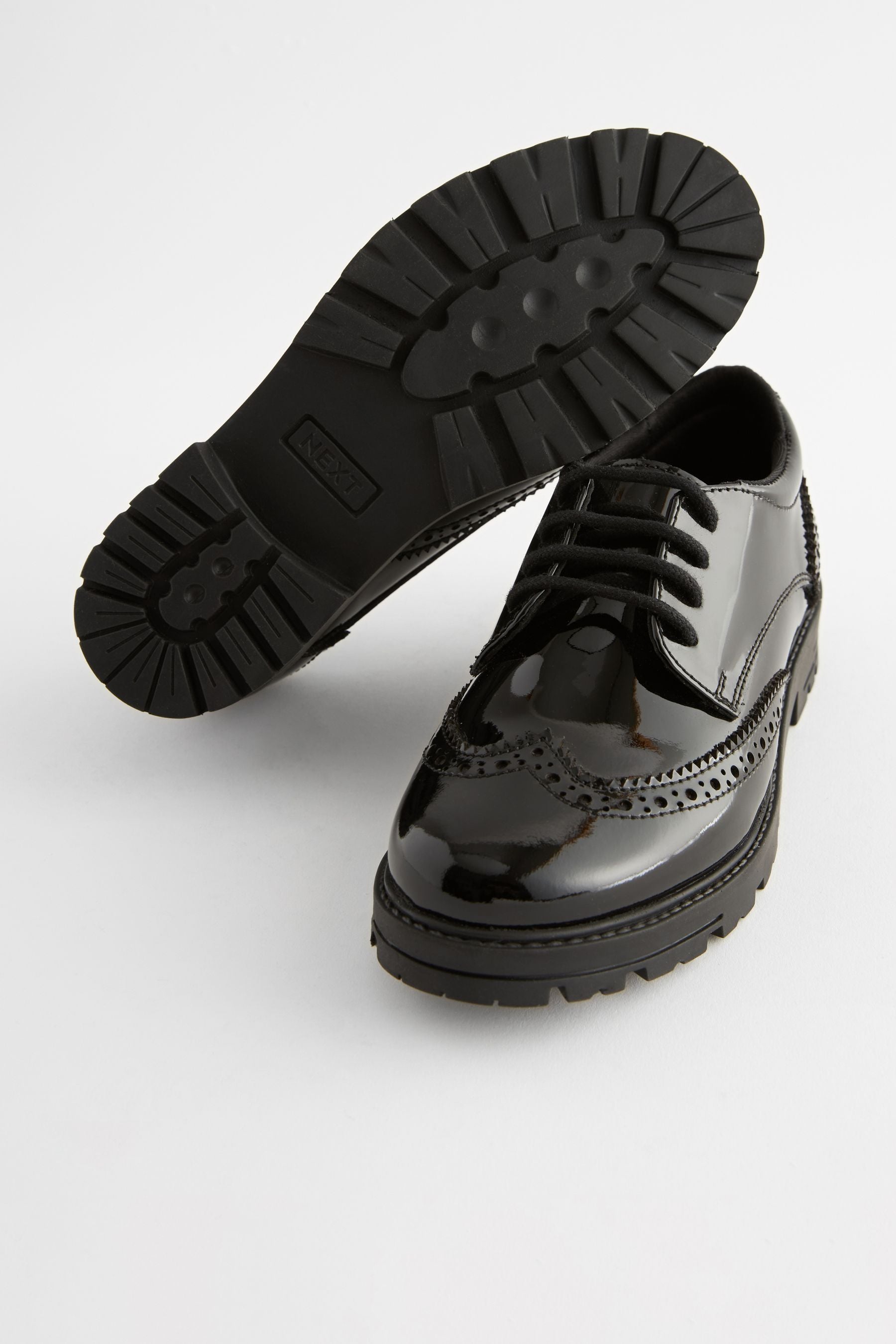 Black Patent Wide Fit (G) School Leather Chunky Lace-Up Brogues