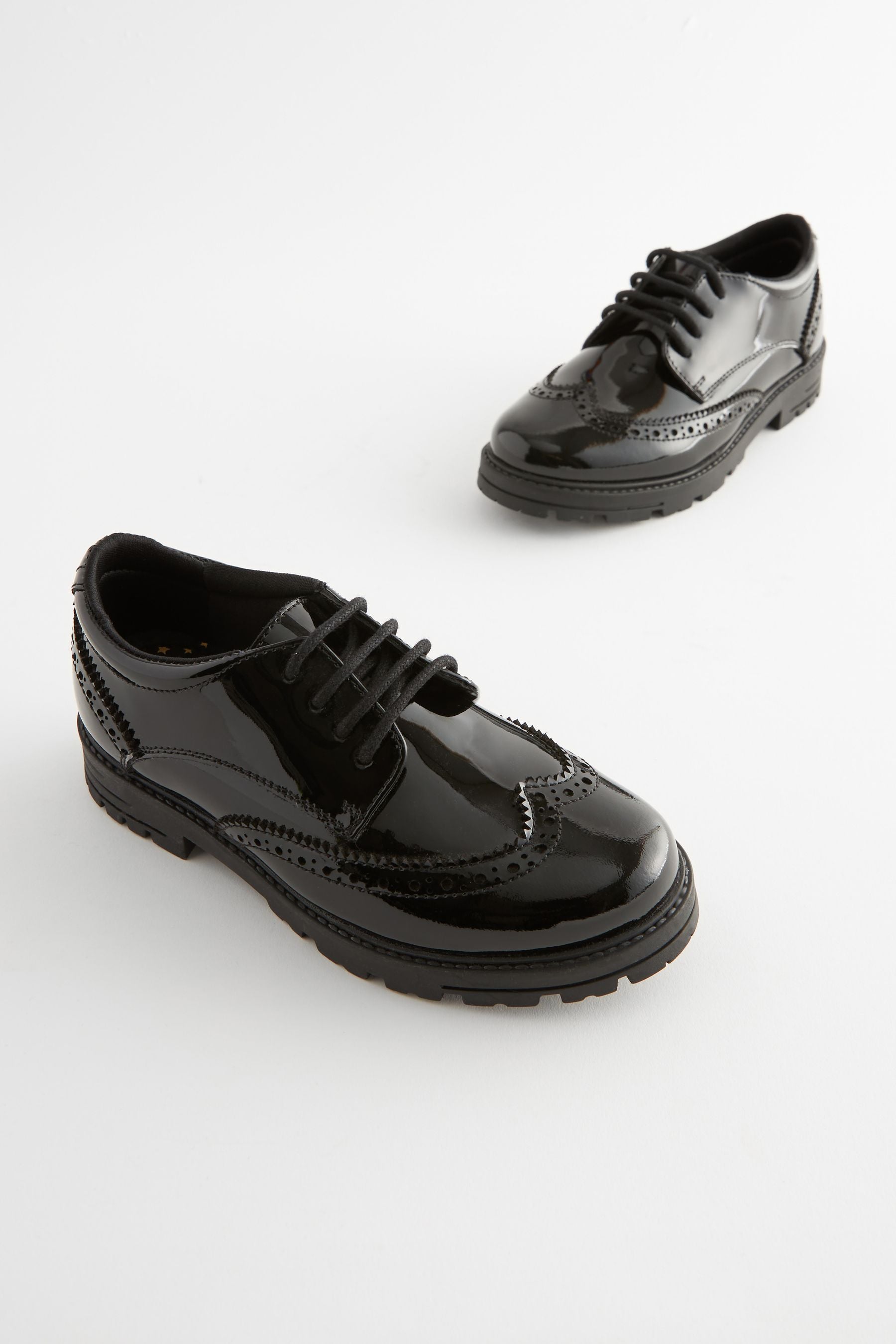 Black Patent Wide Fit (G) School Leather Chunky Lace-Up Brogues