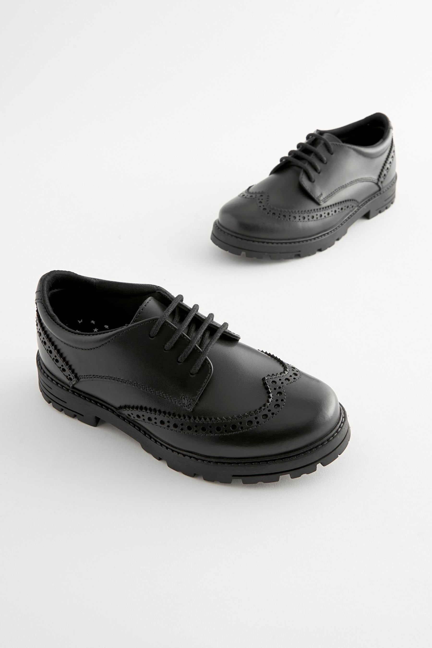 Black Matt Wide Fit (G) School Leather Chunky Lace-Up Brogues