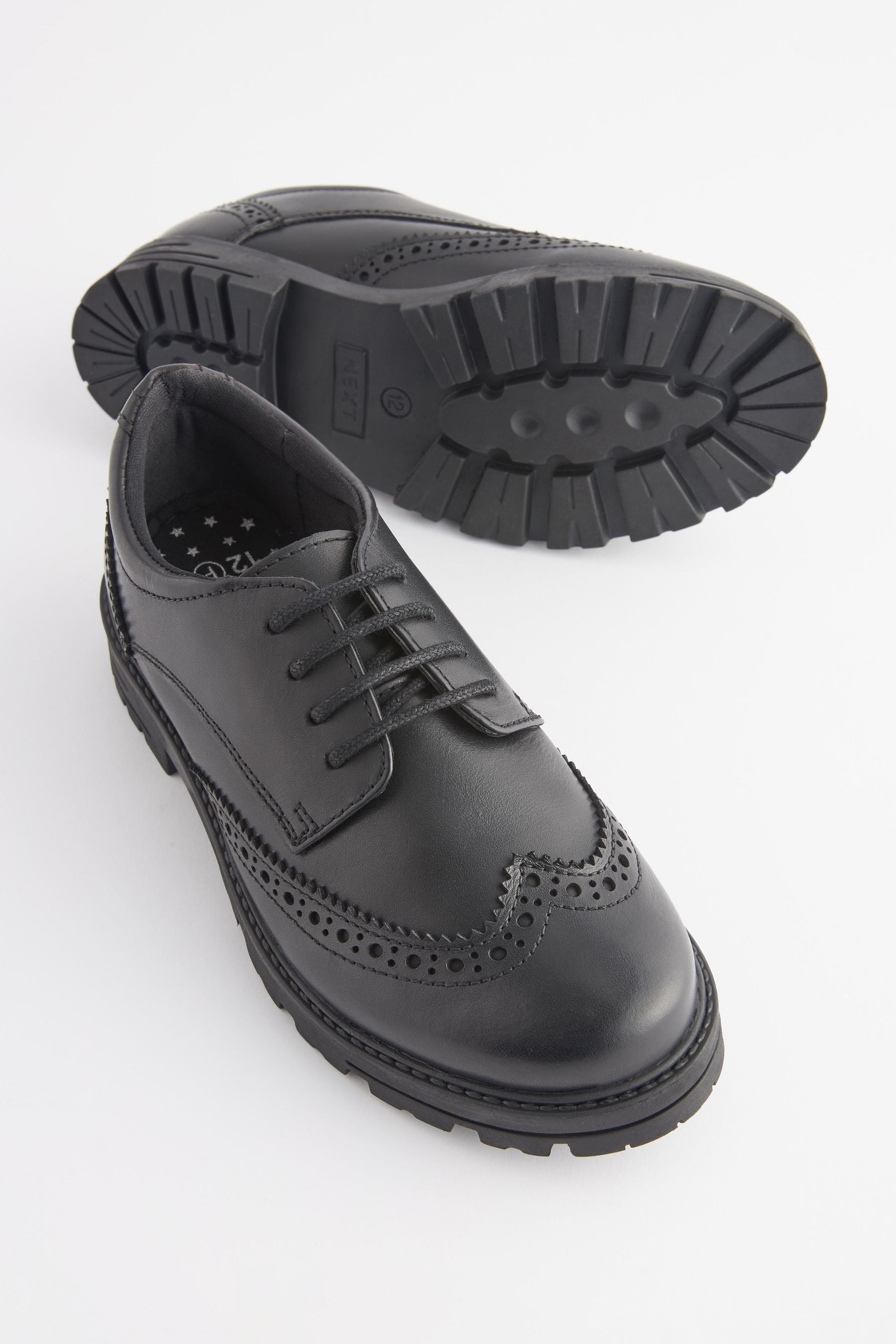 Black Matt Wide Fit (G) School Leather Chunky Lace-Up Brogues