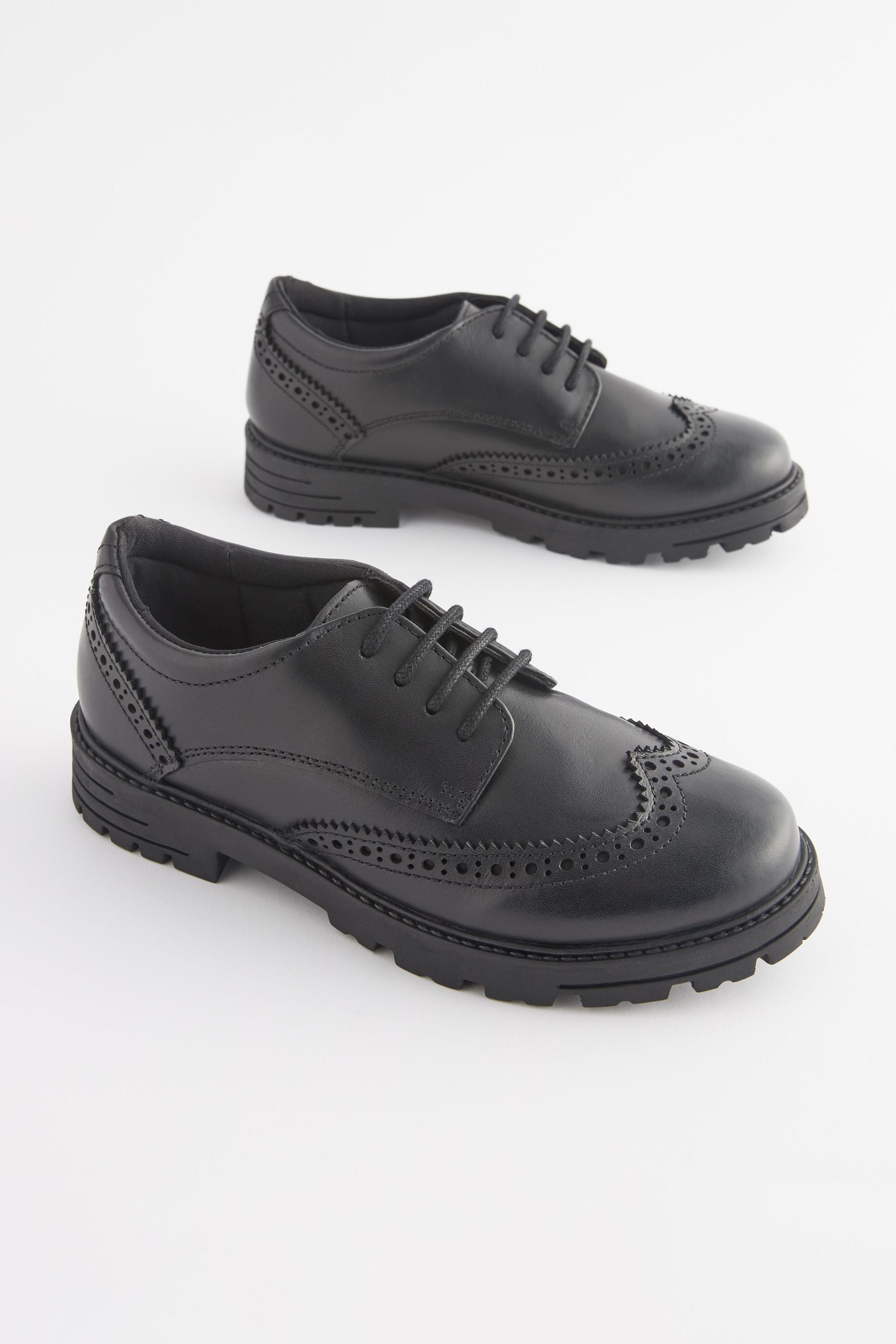 Black Matt Wide Fit (G) School Leather Chunky Lace-Up Brogues