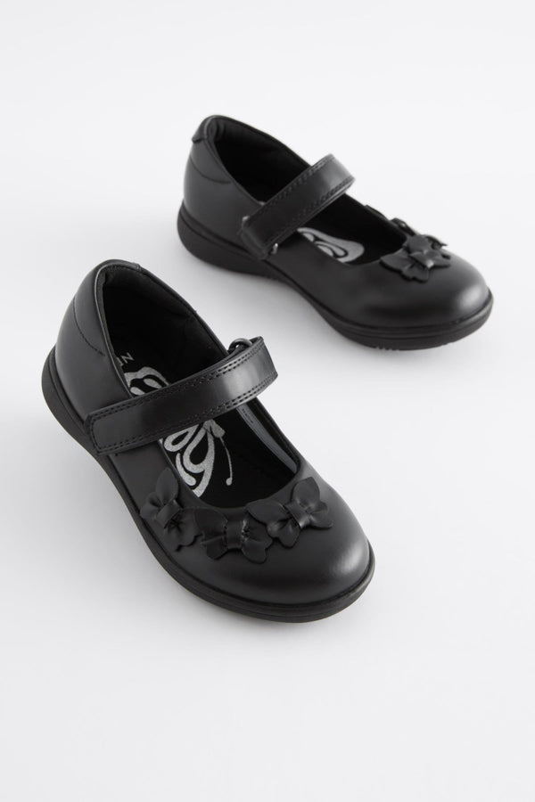 Matt Black Wide Fit (G) School Junior Butterfly Mary Jane Shoes