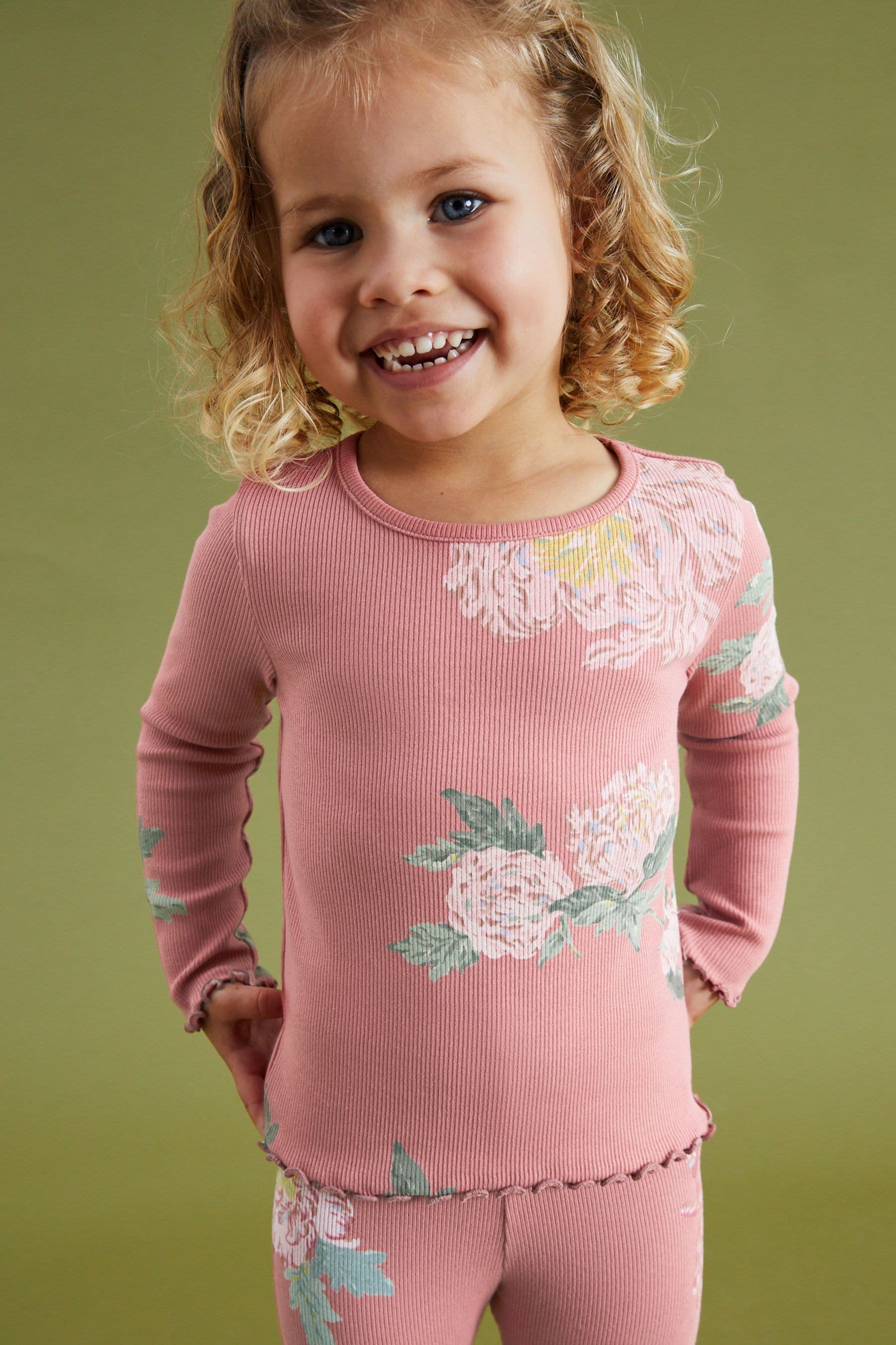 Pink Floral Cotton Rich Long Sleeve Rib T-Shirt (3mths-7yrs)