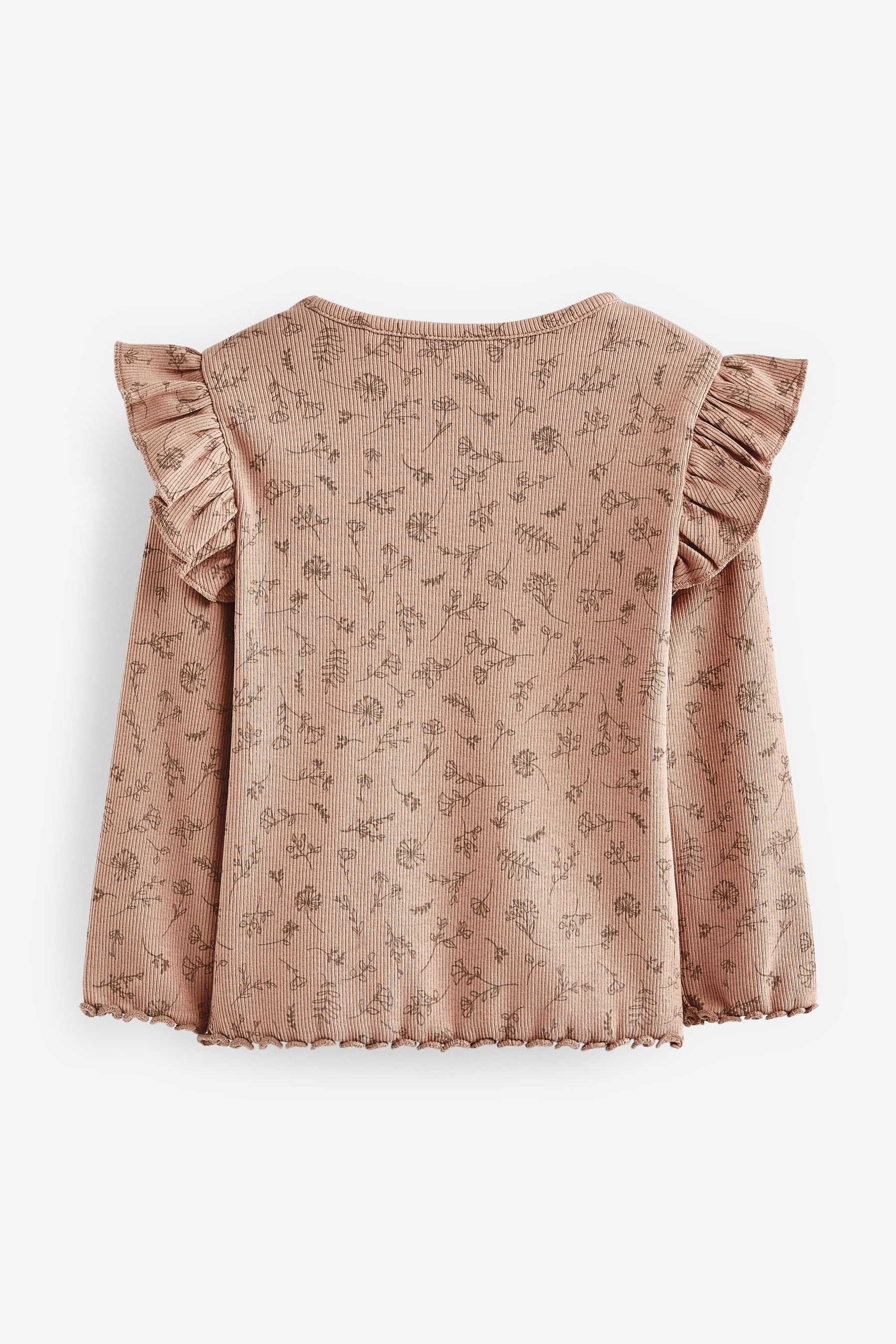 Neutral Flower Long Sleeve Frill Rib Jersey Top (3mths-7yrs)