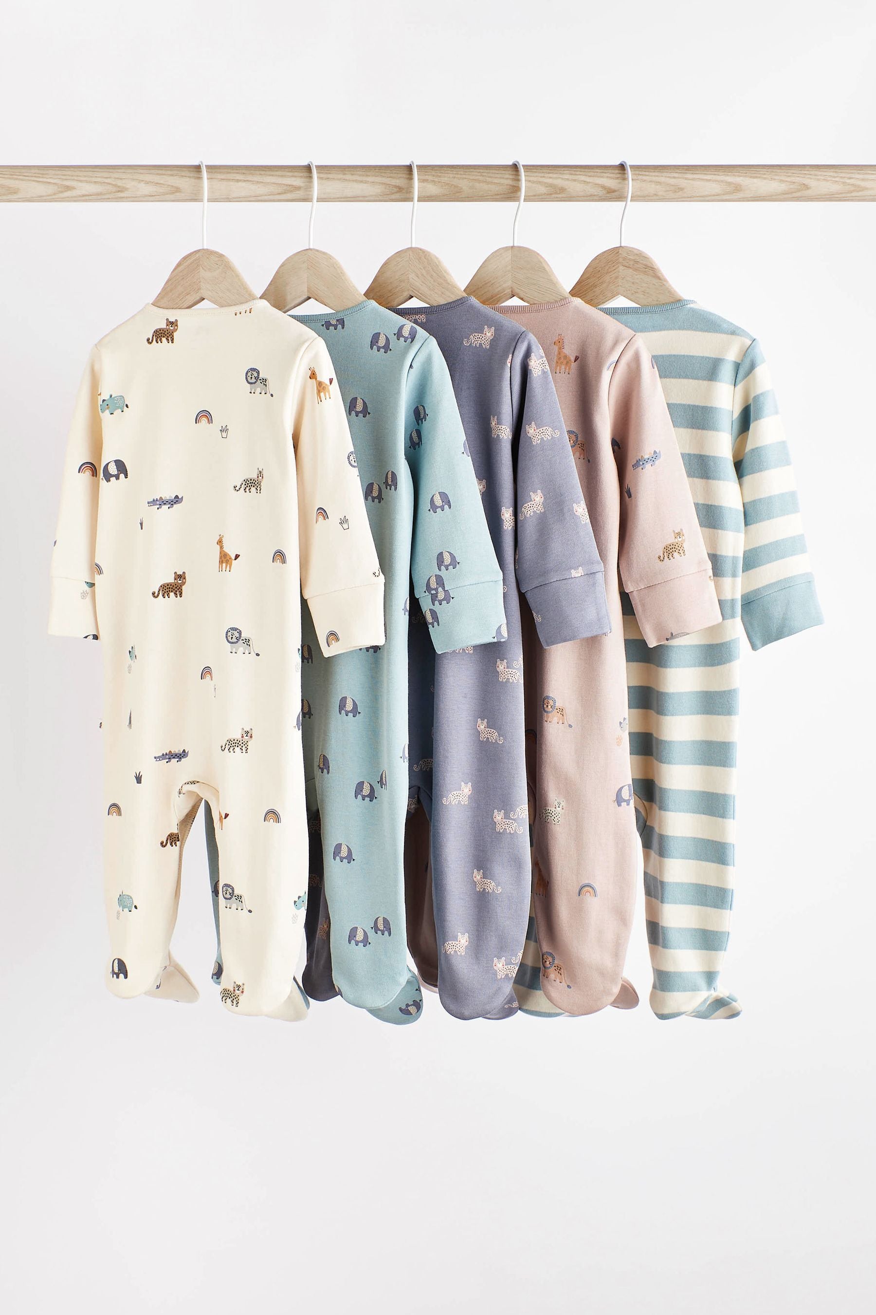 Teal Blue Baby 100% Cotton Sleepsuits 5 Pack (0-2yrs)