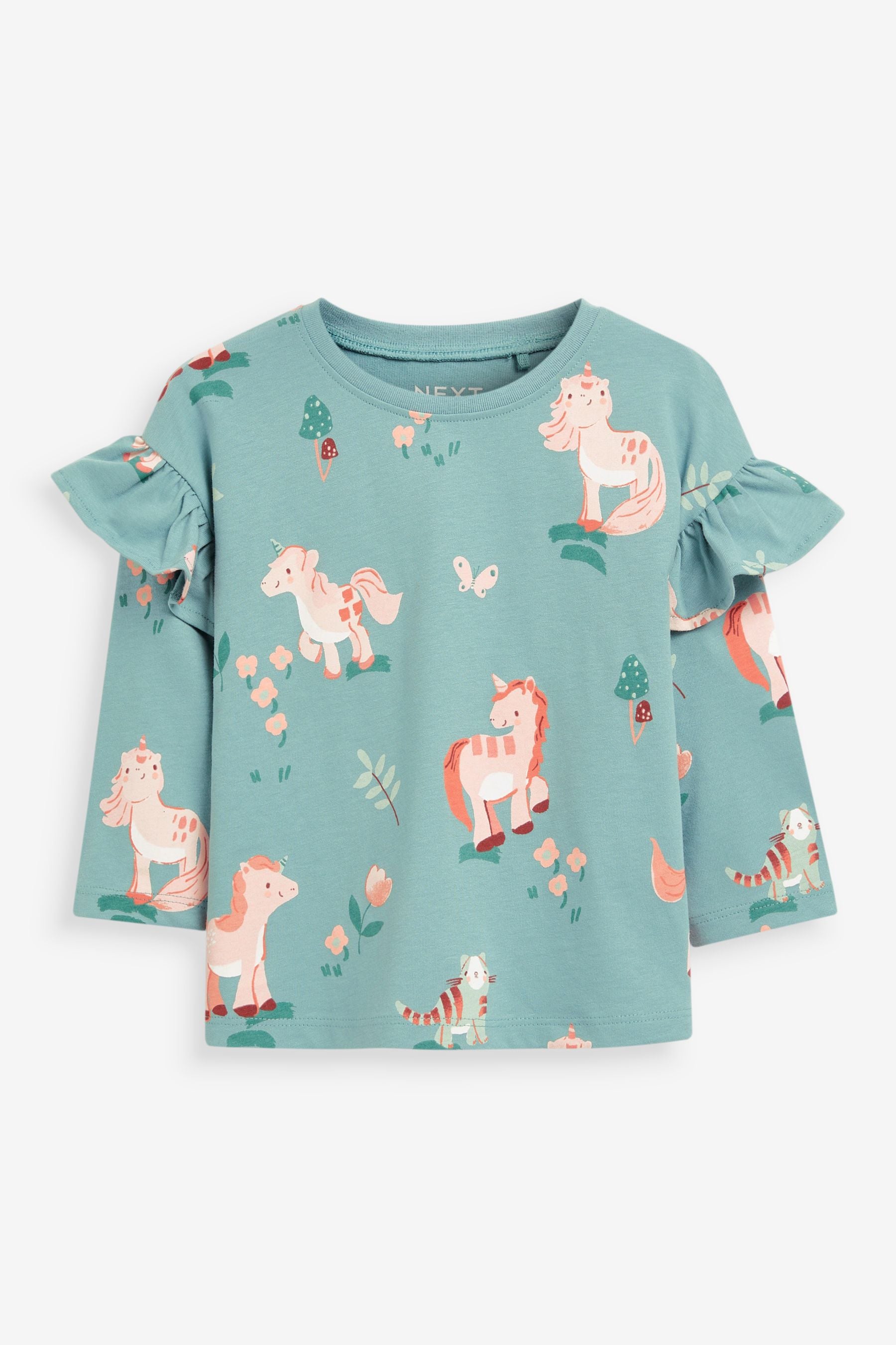 Green Unicorn Long Sleeve Frill Top (3mths-7yrs)