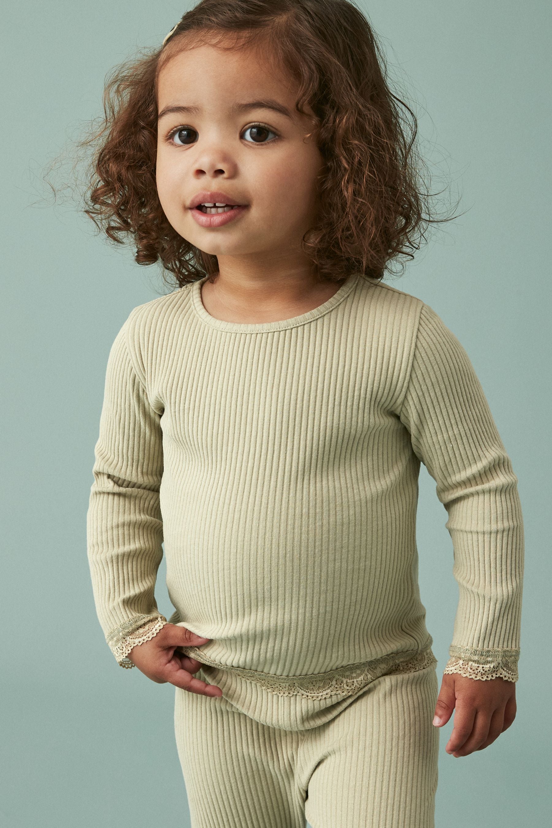 Green Long Sleeve Lace Trim Rib T-Shirt (3mths-7yrs)