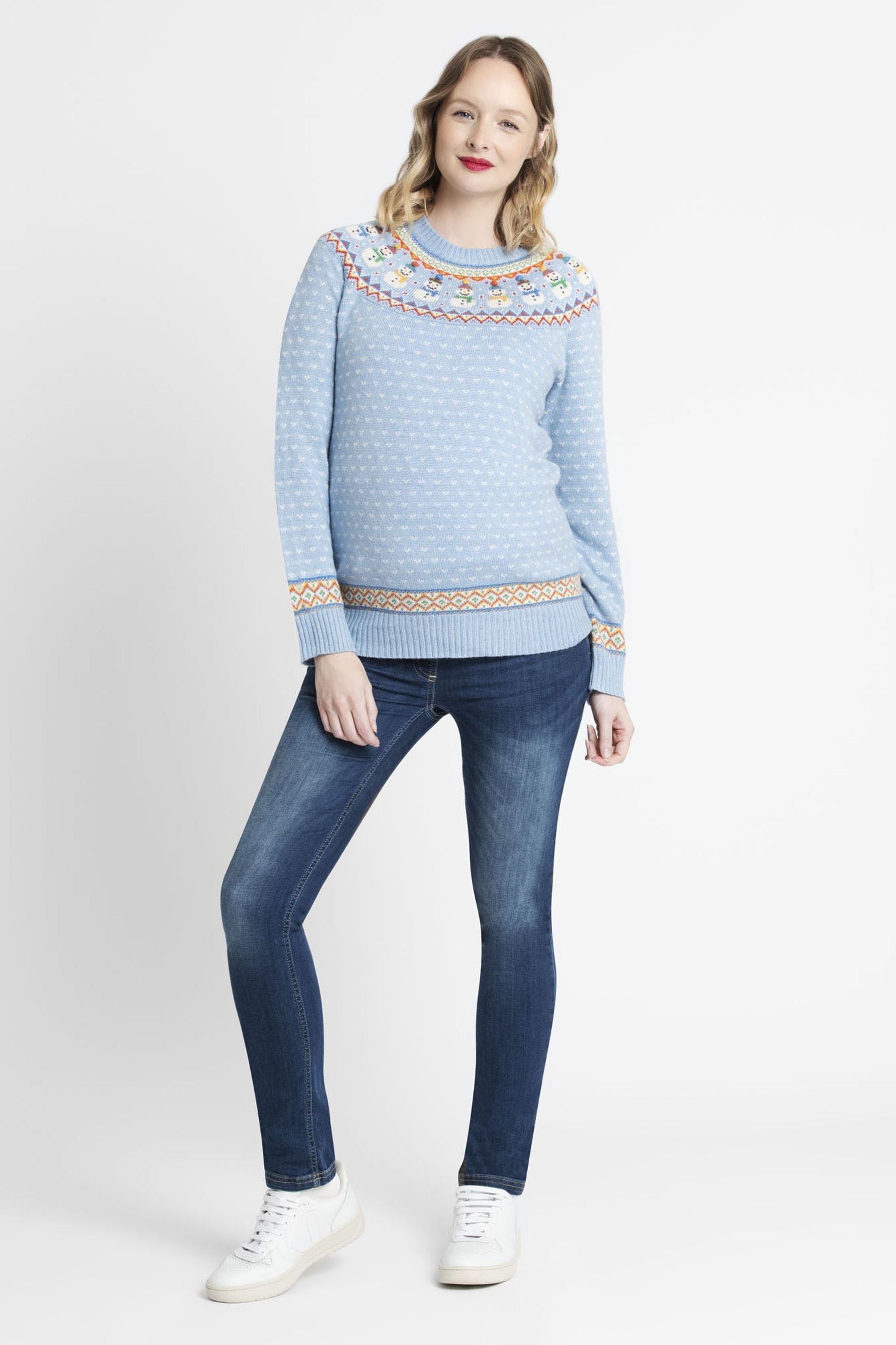 JoJo Maman Bébé Blue Womens Snowman Fair Isle Pattern Jumper