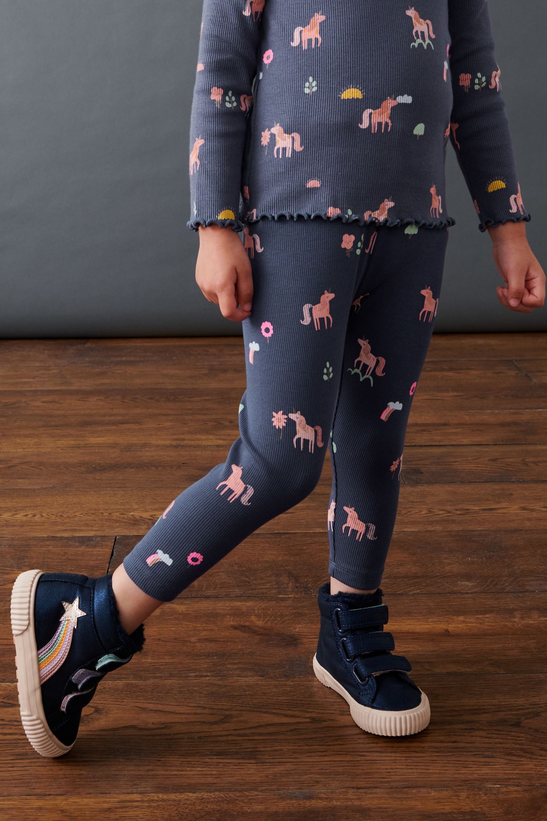 Navy Unicorn Rib Jersey Leggings (3mths-7yrs)