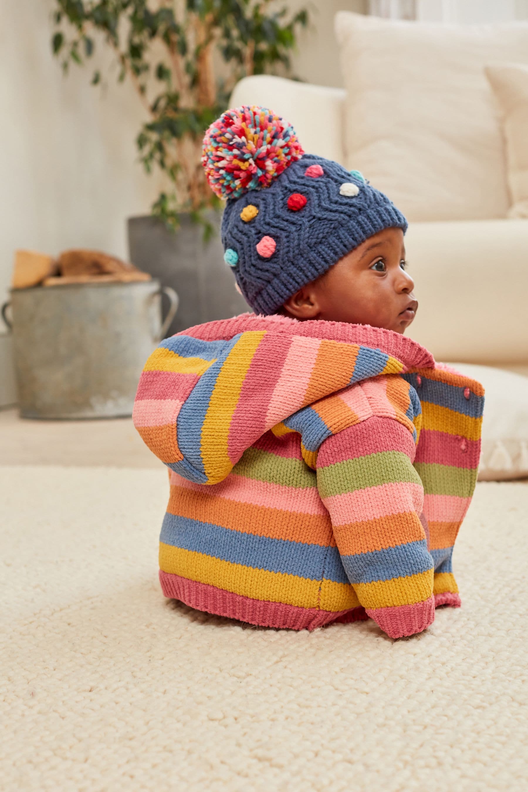 Pink/Yellow/Blue Striped Character Baby Knitted Fleece Lined Cardigan (0mths-2yrs)