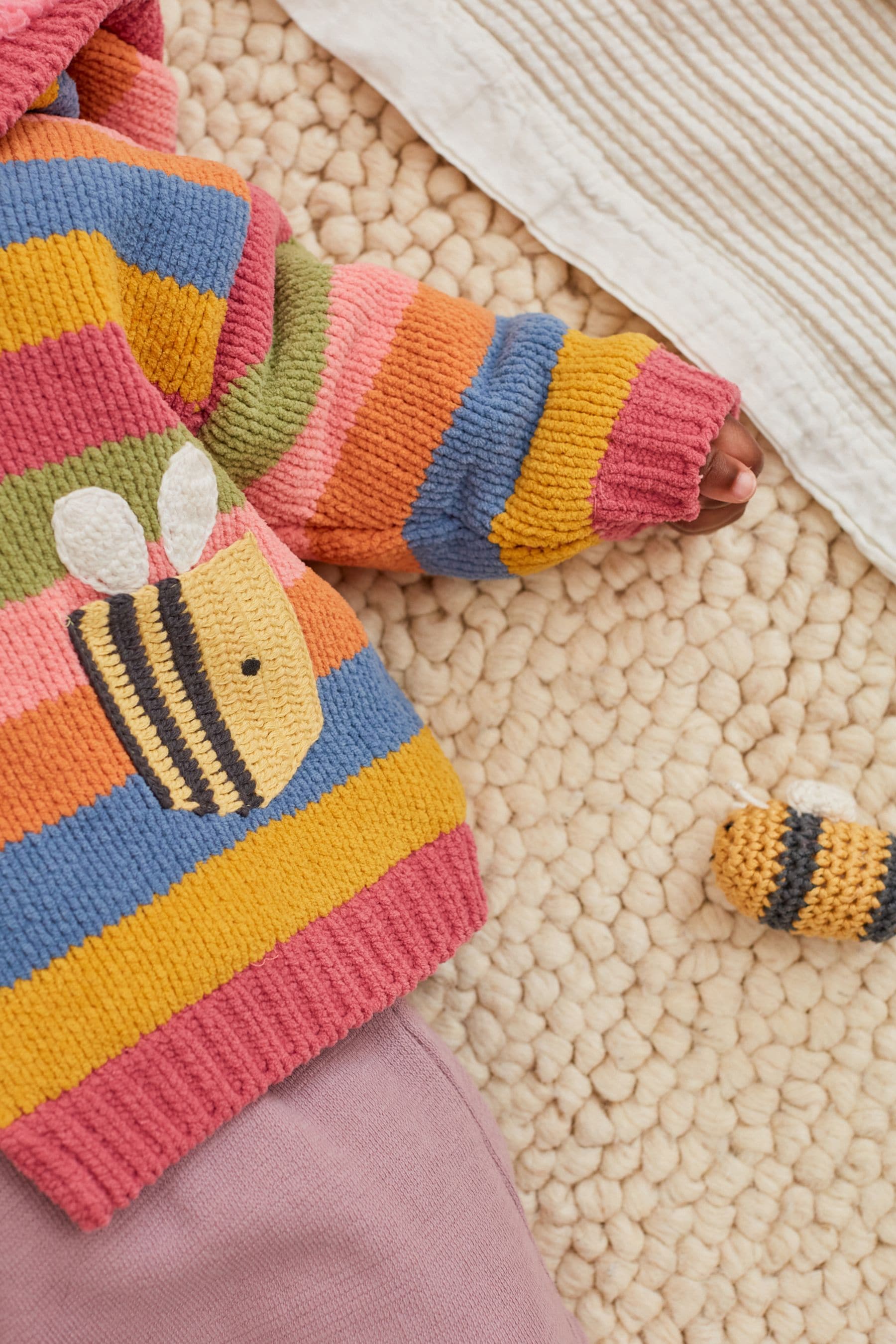 Pink/Yellow/Blue Striped Character Baby Knitted Fleece Lined Cardigan (0mths-2yrs)