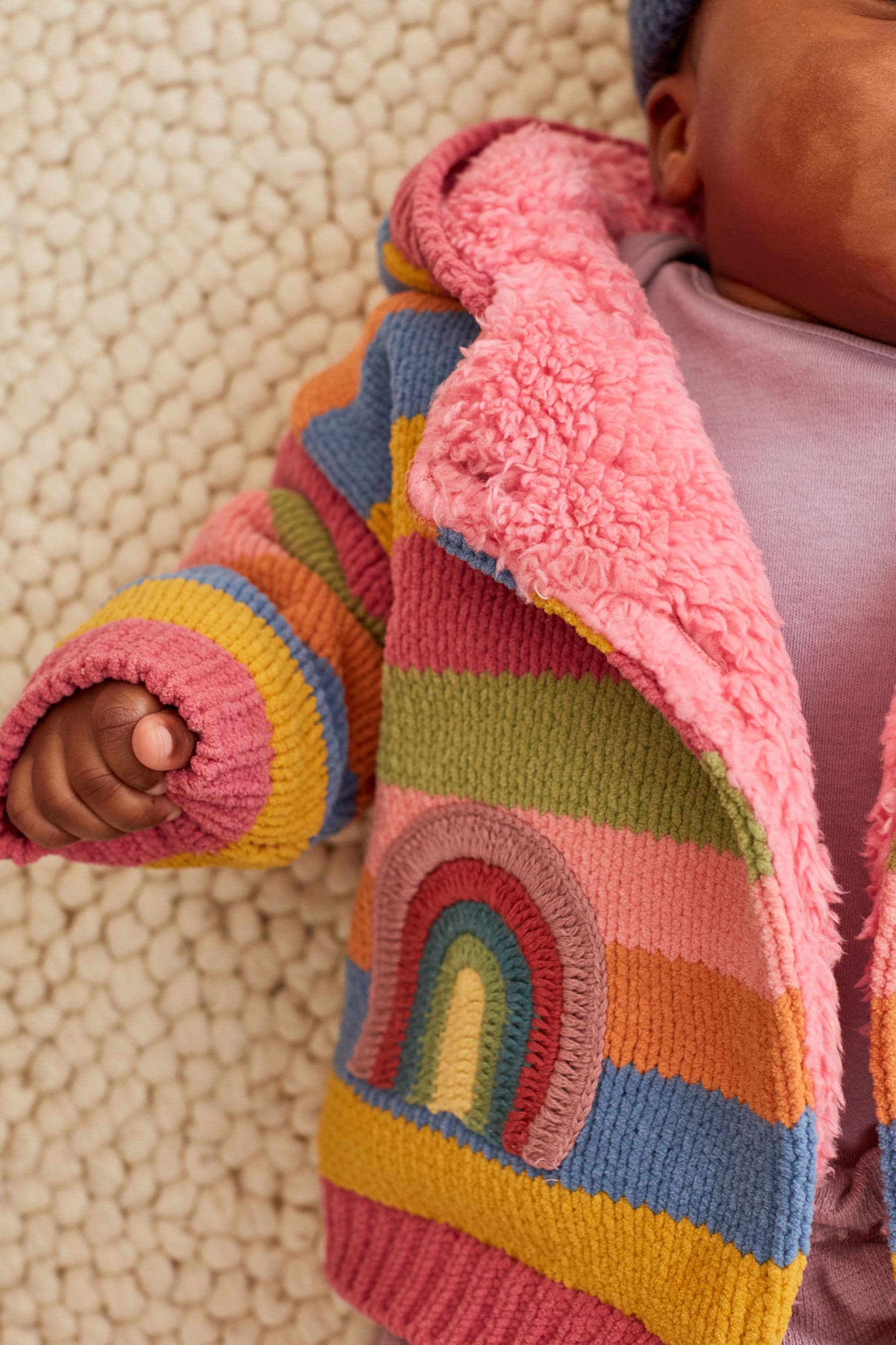 Pink/Yellow/Blue Striped Character Baby Knitted Fleece Lined Cardigan (0mths-2yrs)